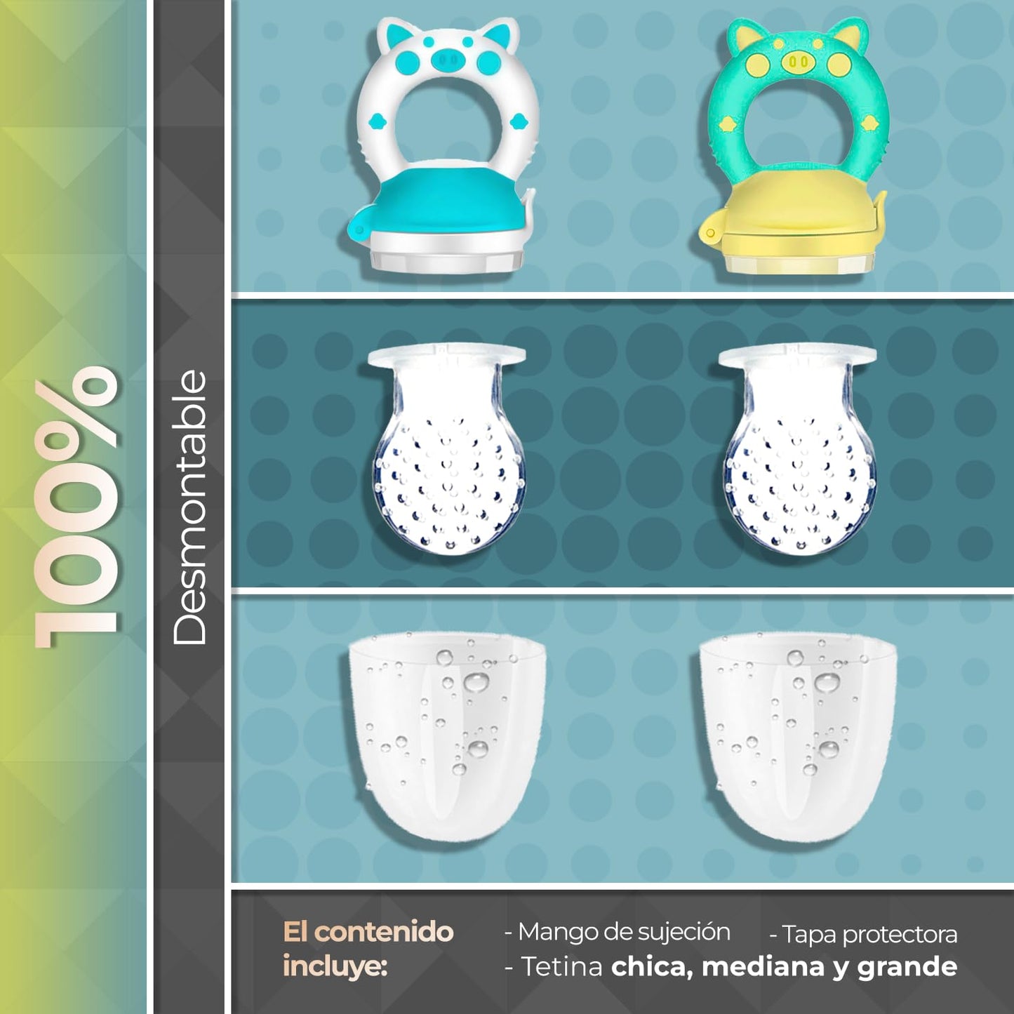 Chupones alimentadores para frutas y papillas con tapa libre de bpa, dibujos animados, 4m+ 2 piezas (pig blanco azul y pig verde amarillo)