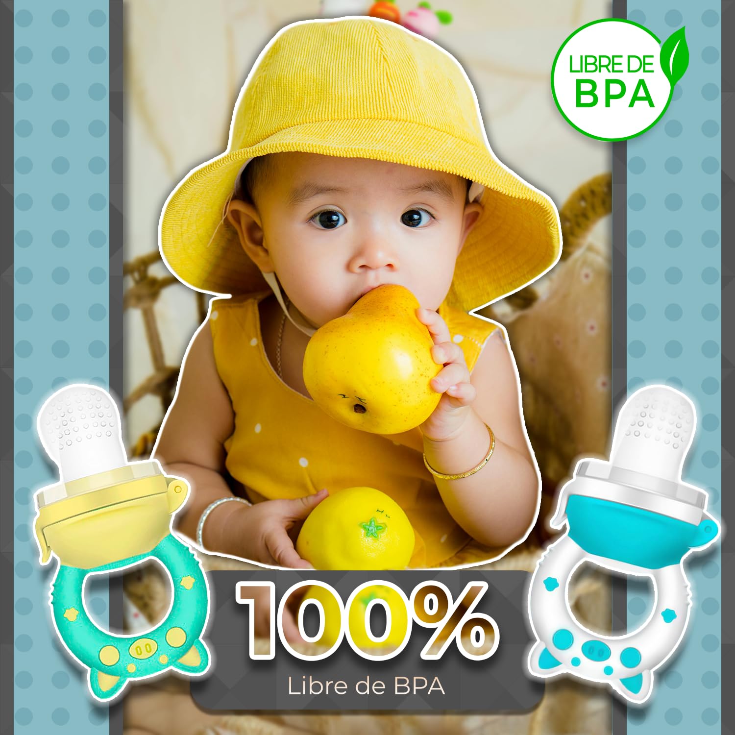 Chupones alimentadores para frutas y papillas con tapa libre de bpa, dibujos animados, 4m+ 2 piezas (pig blanco azul y pig verde amarillo)