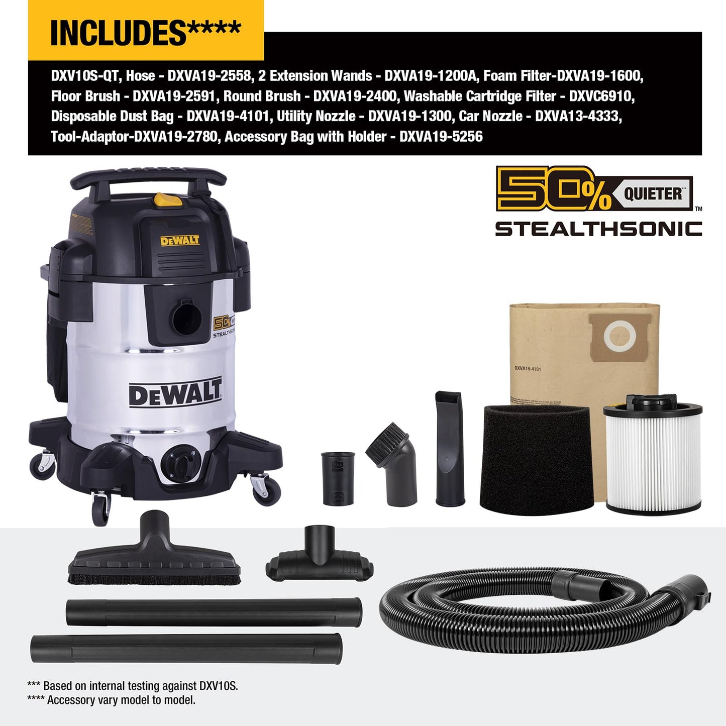 DEWALT STEALTHSONIC - Aspiradora para tienda en húmedo y seco, ultra silenciosa, resistente con accesorios, potente aspiradora exterior para coche, cochera, taller, lugar de trabajo, patio, DXV10S-QT,