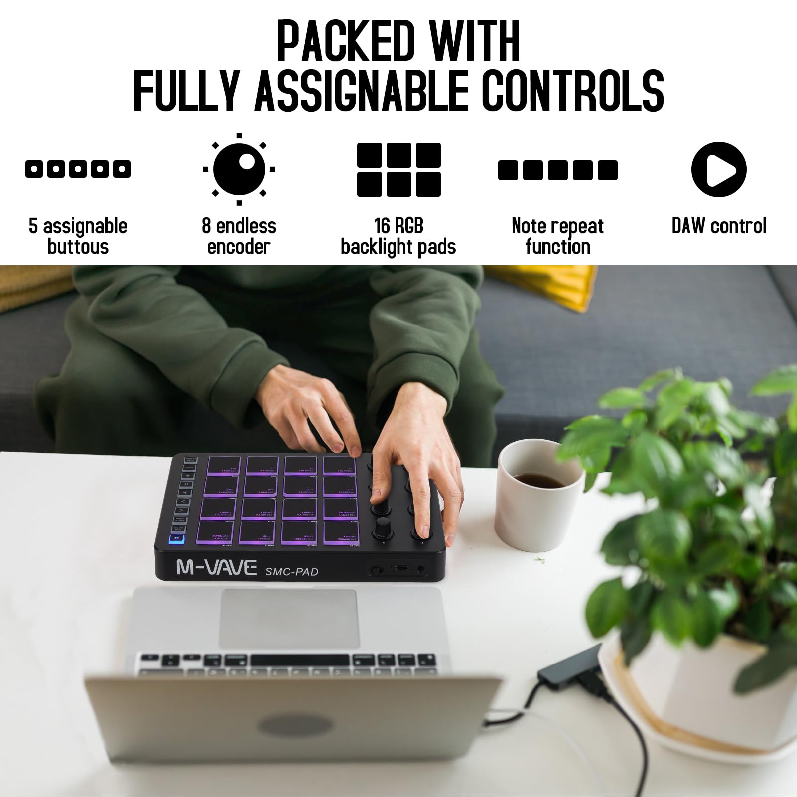 M-Wave-almohadillas para orejas de control MIDI inalámbricas,Bluetooth portátil USB MIDI con 16 almohadillas para orejas de batería MPC,8 perillas asignables,repetición de notas,botones de nivel,K5