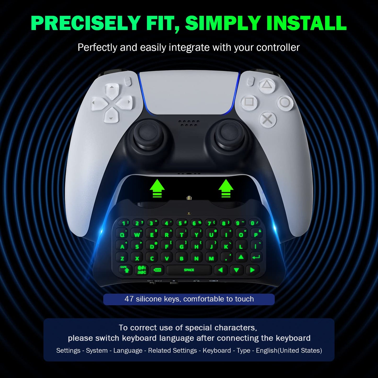 Teclado Retroiluminado Verde MoKo Negro para Controlador PS5 con Altavoz Incorporado y Conector de Audio 3.5mm