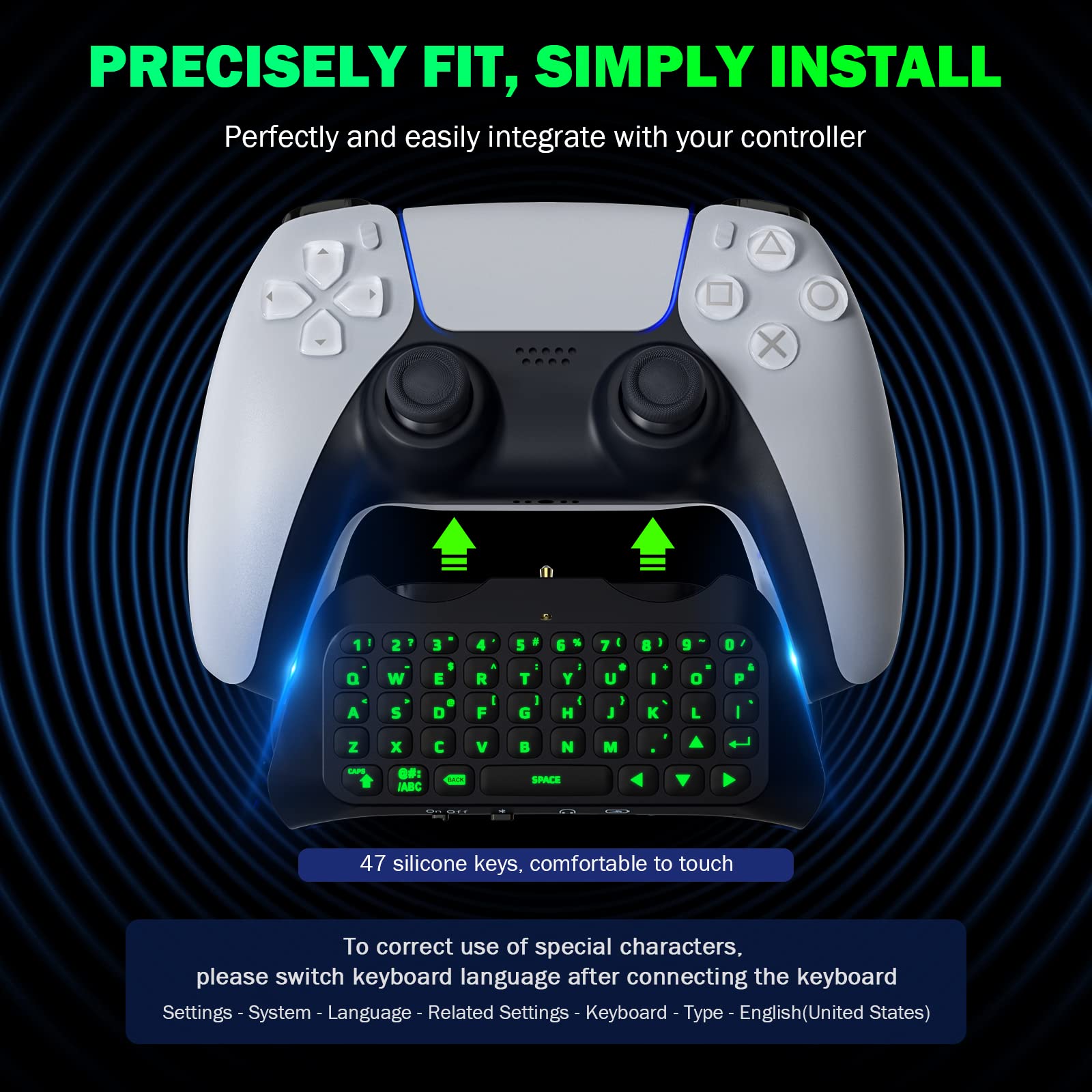 Teclado Retroiluminado Verde MoKo Negro para Controlador PS5 con Altavoz Incorporado y Conector de Audio 3.5mm