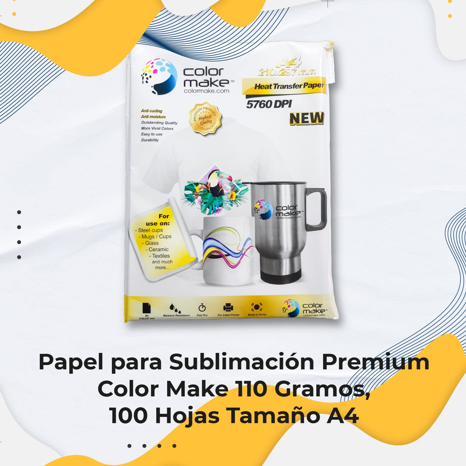 Color Make - Kit de 4 Tintas para Sublimación CMYK Botella Ecofit 70 Gramos c/u, Papel para Sublimación Premium 110 Gramos 100 Hojas Tamaño A4 y Cinta Térmica de 6 mm x 30 Metros.
