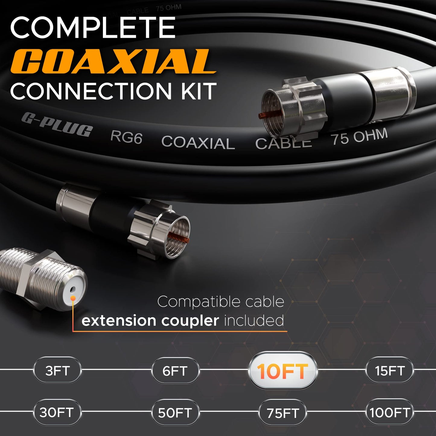 G-PLUG Cable Coaxial RG6 75 Ohm, Triple Blindaje, Conectores F Tipo Macho a Macho, Cable Antena TV, Satelital e Internet Banda Ancha, Incluye Acoplador F81, Negro