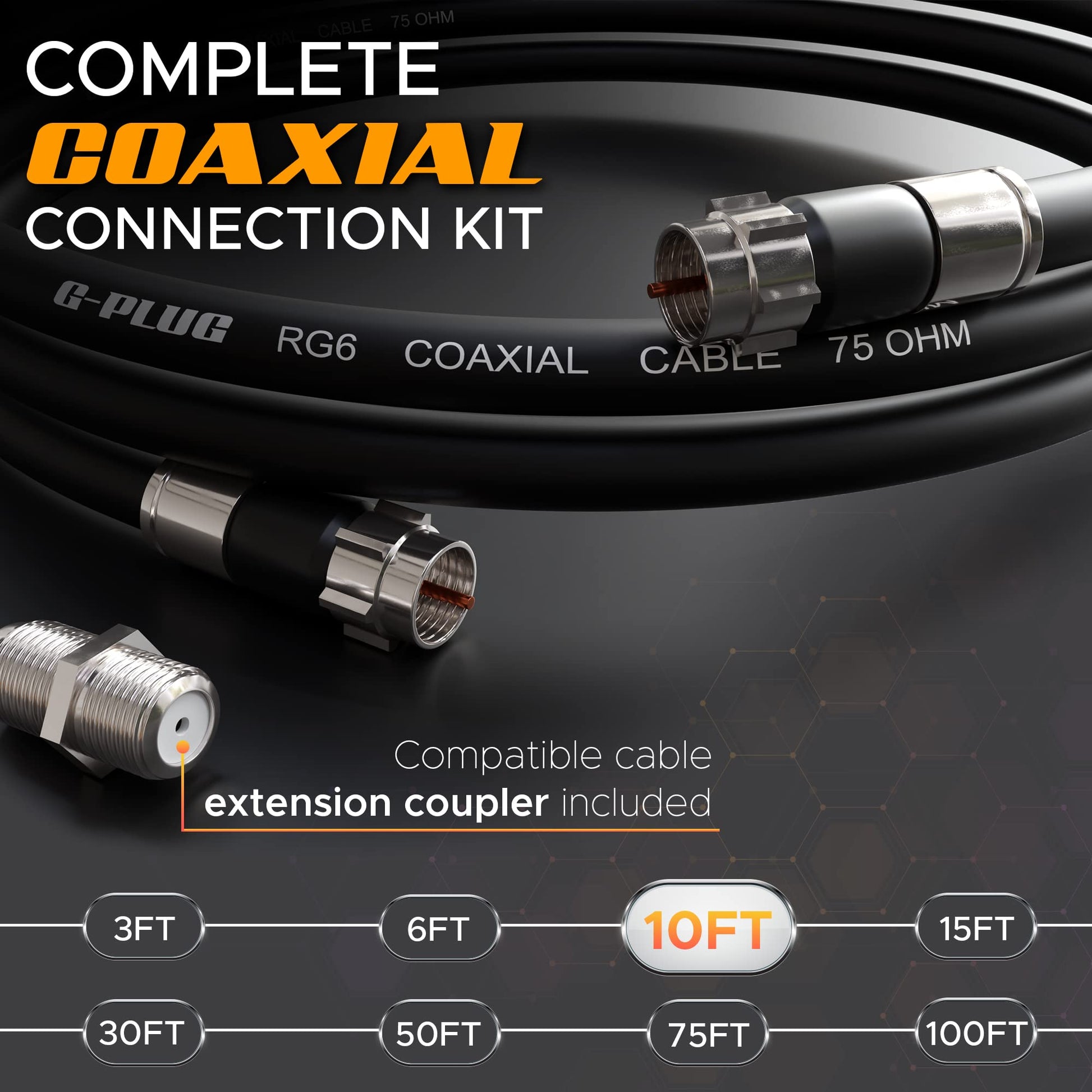 G-PLUG Cable Coaxial RG6 75 Ohm, Triple Blindaje, Conectores F Tipo Macho a Macho, Cable Antena TV, Satelital e Internet Banda Ancha, Incluye Acoplador F81, Negro