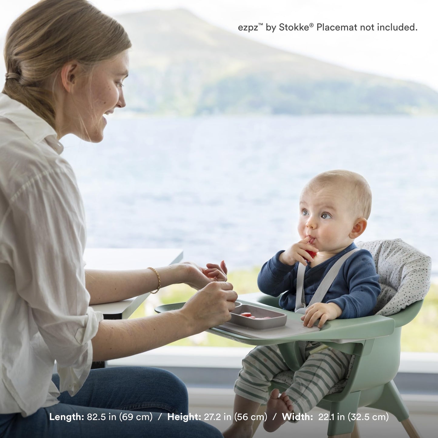 Silla Stokke Clikk con cojín Clikk (gris nórdico) + bolsa de viaje - Incluye bandeja y arnés - Ligera, duradera y fácil de transportar - Ideal para bebés de 6 a 36 meses o hasta 15 kg
