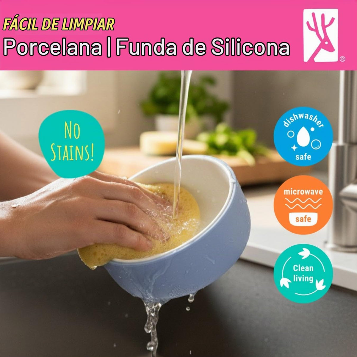 Elk and Friends Cuencos de porcelana para niños con manga de succión de silicona | Alimentación para niños/bebés/niños pequeños | Apto para microondas y lavavajillas | Antideslizante | Platos y