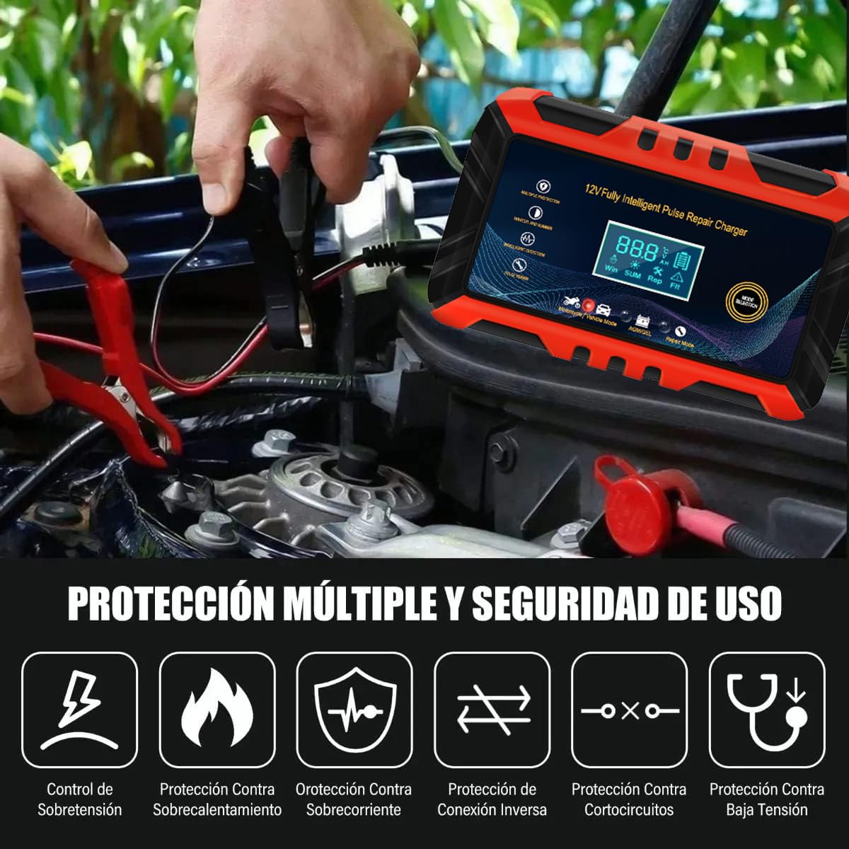 Cargador de Batería Inteligente Automático Qzgyoool 12V 6A con Múltiples Protecciones para Automóviles, Motocicletas, ATVs y Barcos