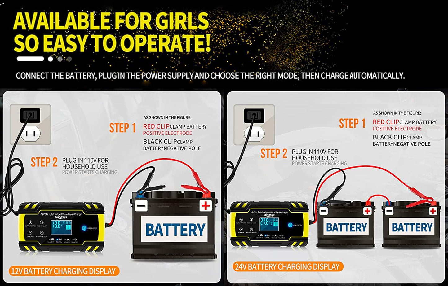 Cargador de Batería Coche Moto, 24V/4A 12V/8A Automático Inteligente Cargador de Batería con LCD Pantalla, Cargador de Reparación de Pulso para Automóviles,Motocicletas,ATVs,RVs,Barco,Excavador,Camión