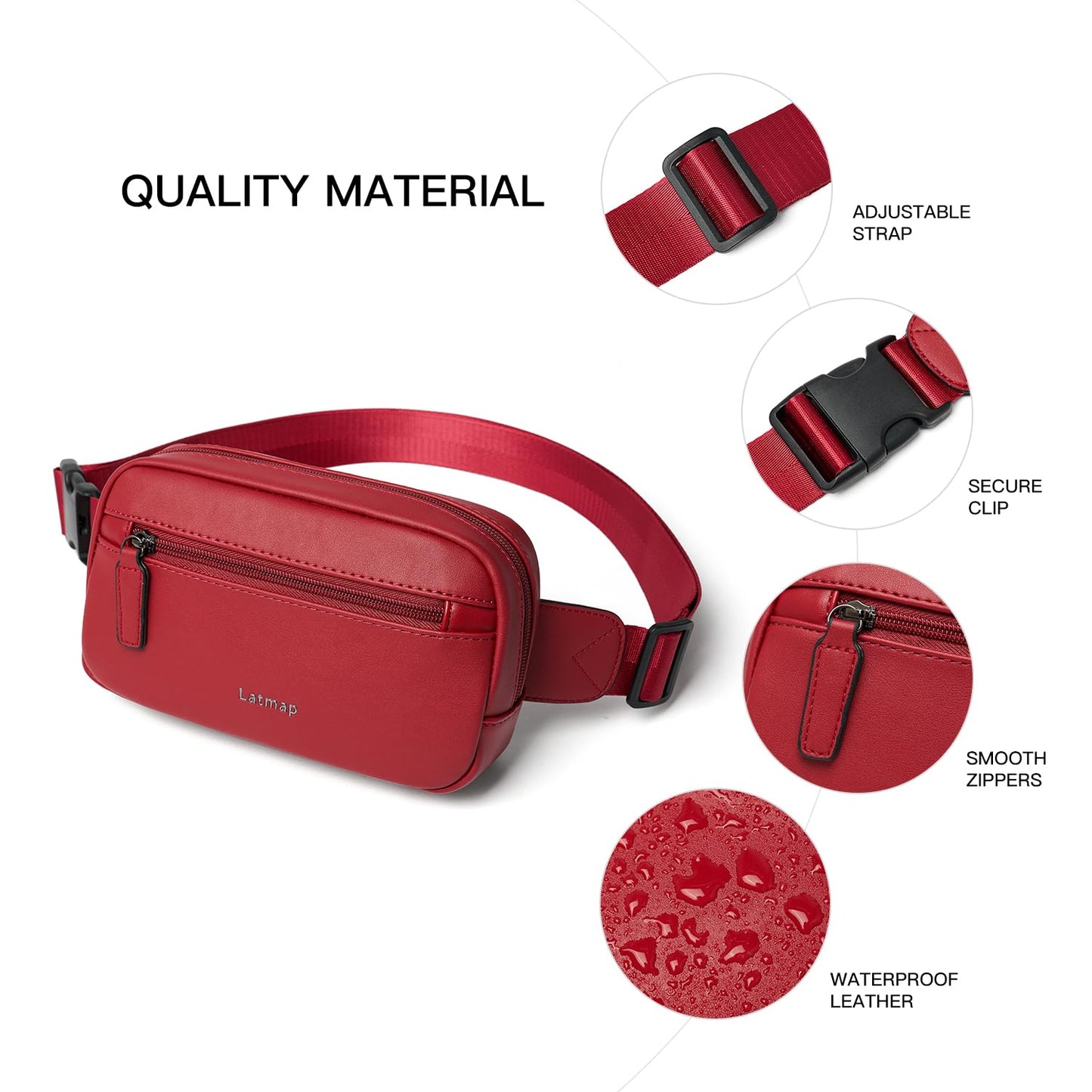 LATMAP - Riñonera de 2 L para todas partes, pequeña y a la moda, bandolera de piel sintética, impermeable, para mujer, a la moda, Rojo -, 7.87 x 5.70 x 2.16 inches