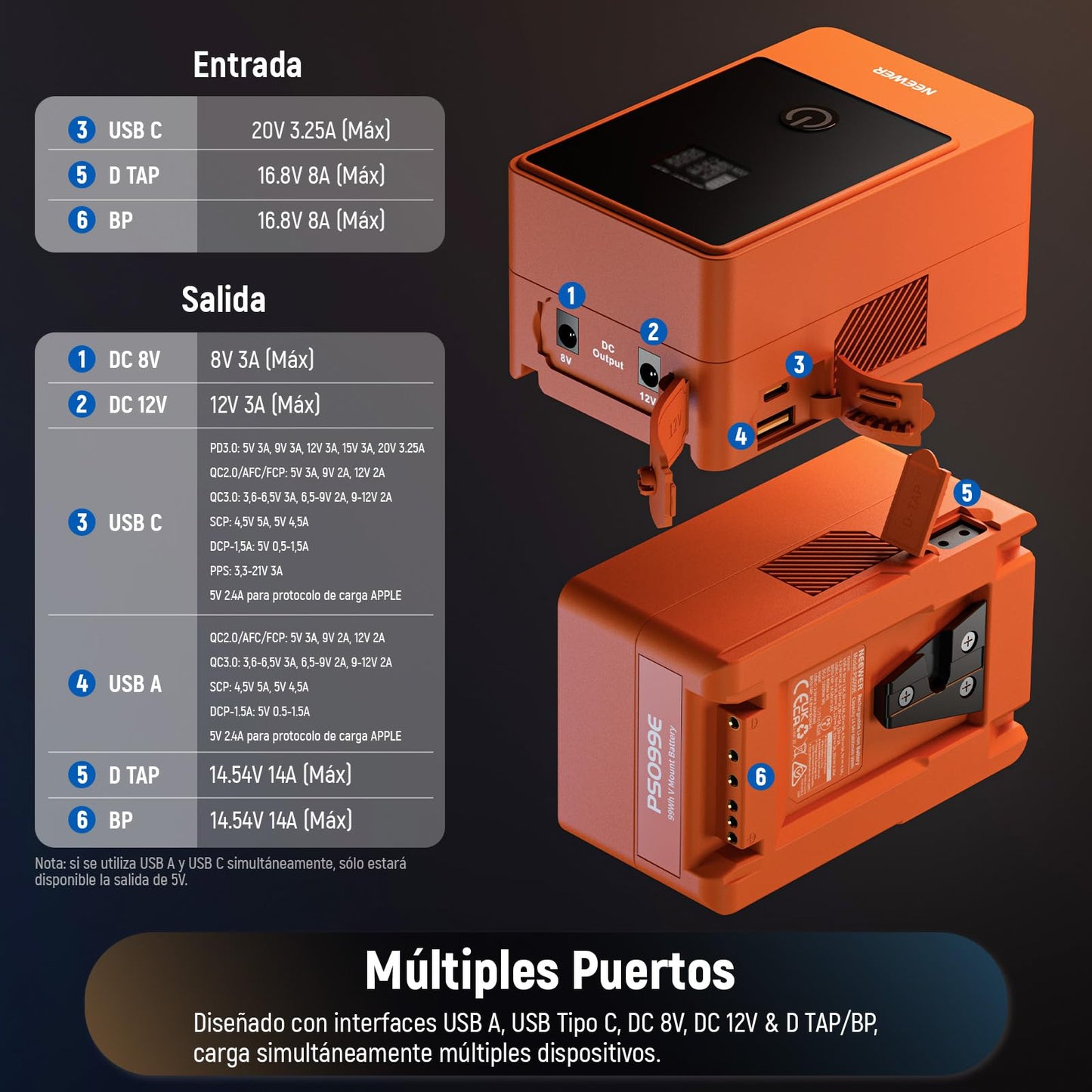 Batería Mini V Mount NEEWER Naranja 6800mAh 99Wh 14.5V para Videocámara Compatible con SmallRig BMPCC 4k 6k