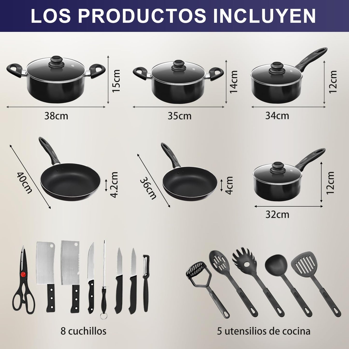 LINGLUCKY Sartenes Antiadherentes con Tapa,Bateria de Cocina, Juego de ollas y sarten 23 Piezas con Sartén, Cazos,Ollas,Cuchillos y Espátula,Juego de Utensilios de Cocina de Color,Negro