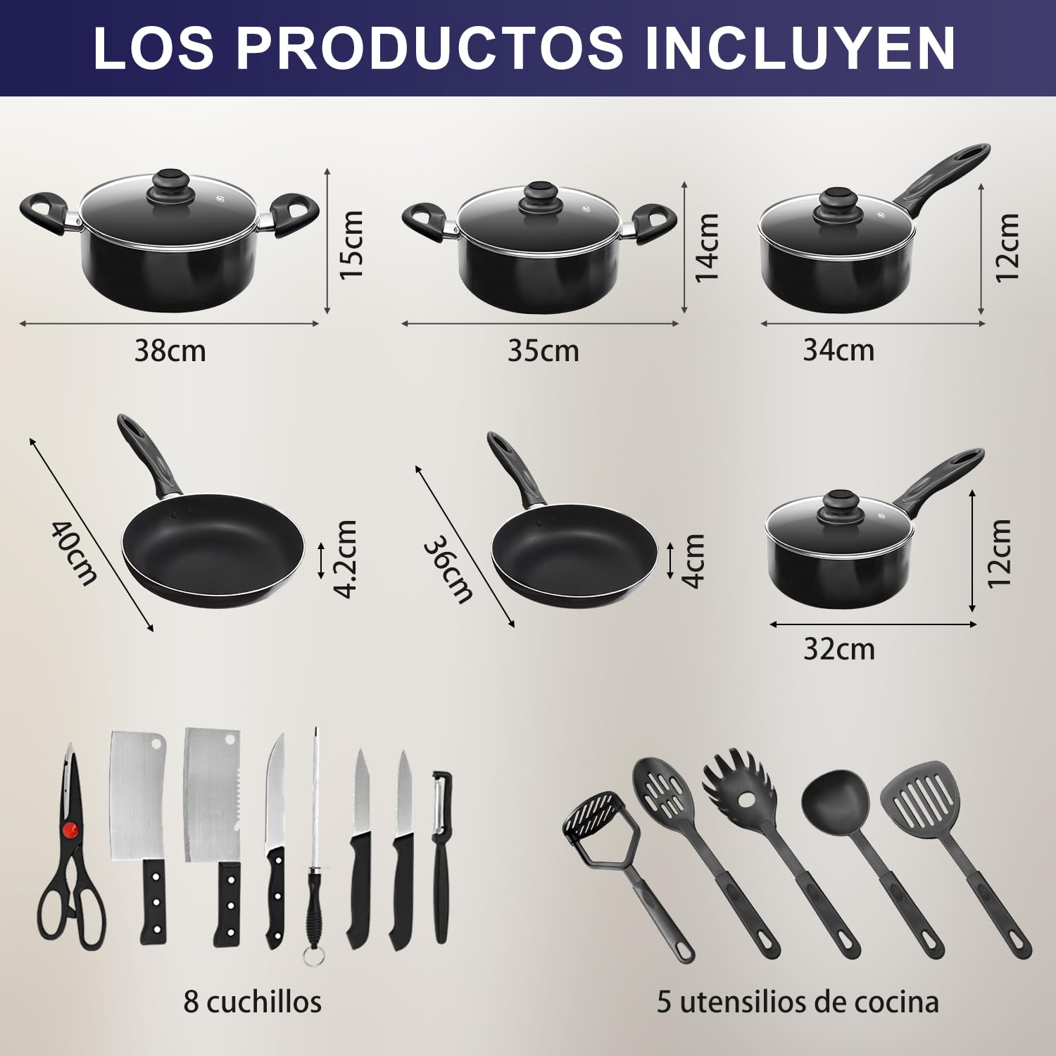 LINGLUCKY Sartenes Antiadherentes con Tapa,Bateria de Cocina, Juego de ollas y sarten 23 Piezas con Sartén, Cazos,Ollas,Cuchillos y Espátula,Juego de Utensilios de Cocina de Color,Negro