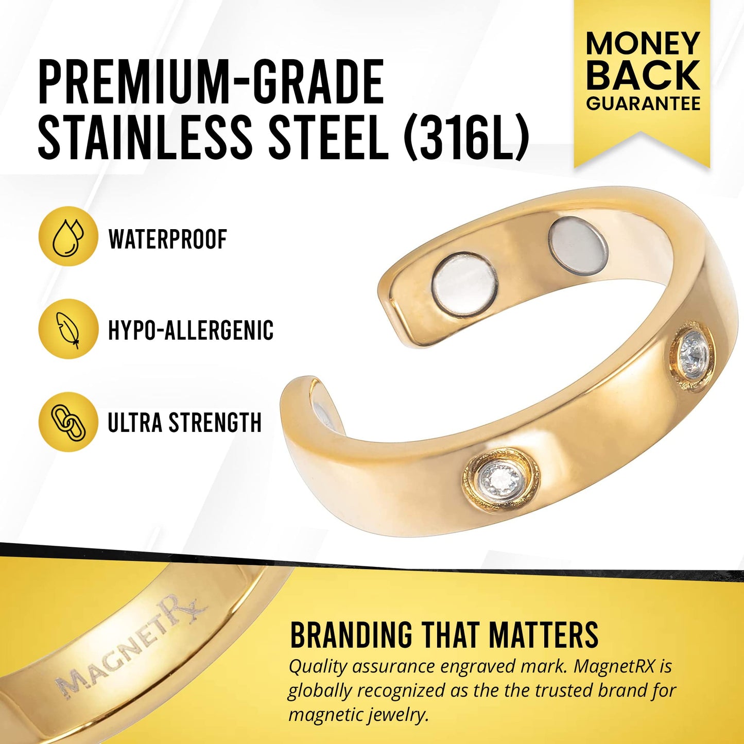 MagnetRX® Magnetic Ring for Women - Elegant Crystal Ring - Magnet Rings for Women (8, gold)