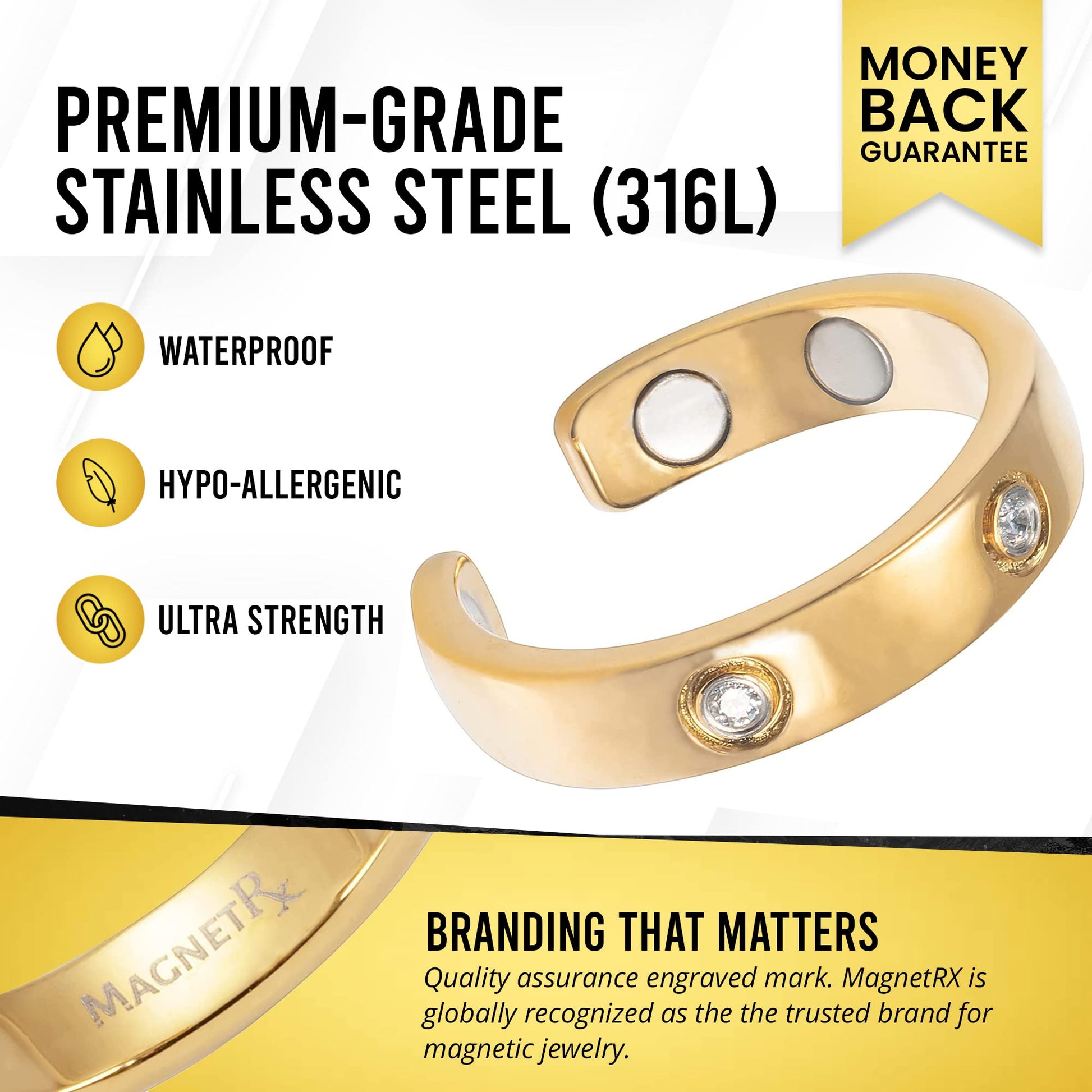 MagnetRX® Magnetic Ring for Women - Elegant Crystal Ring - Magnet Rings for Women (8, gold)