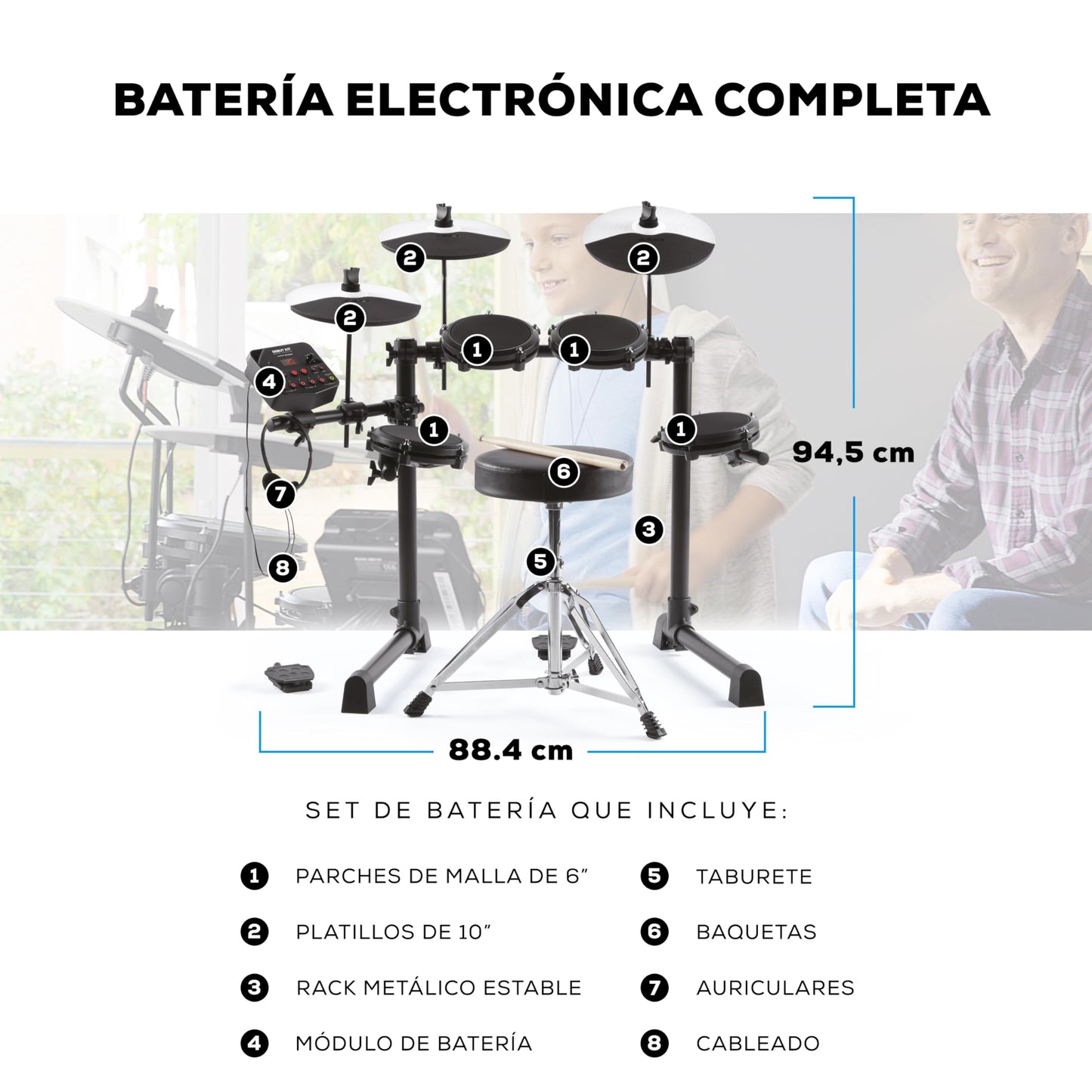 Alesis Debut Kit - Bateria electrica para niños con 4 parches de malla, 120 sonidos, 100 lecciones, taburete, baquetas, llave de batería y auriculares