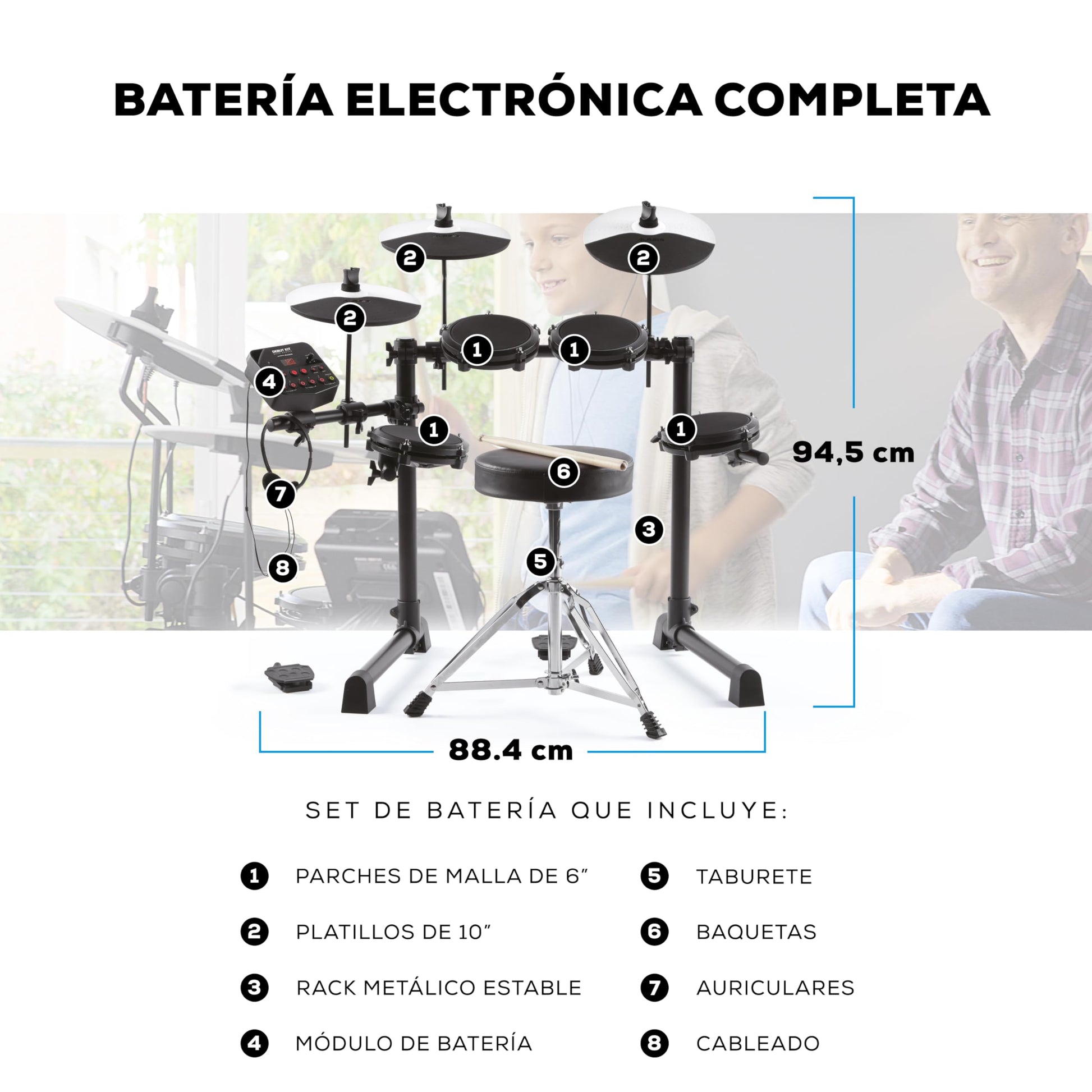 Alesis Debut Kit - Bateria electrica para niños con 4 parches de malla, 120 sonidos, 100 lecciones, taburete, baquetas, llave de batería y auriculares