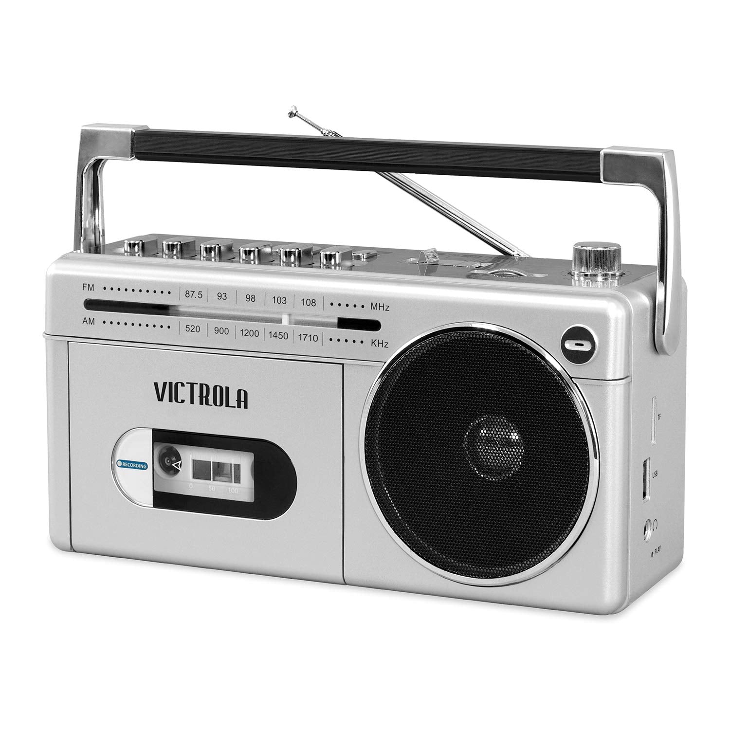 Boombox Bluetooth Victrola Plateado Mini con Radio AM/FM y Reproductor de Cassettes