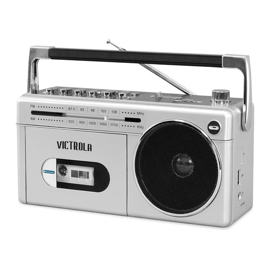 Boombox Bluetooth Victrola Plateado Mini con Radio AM/FM y Reproductor de Cassettes