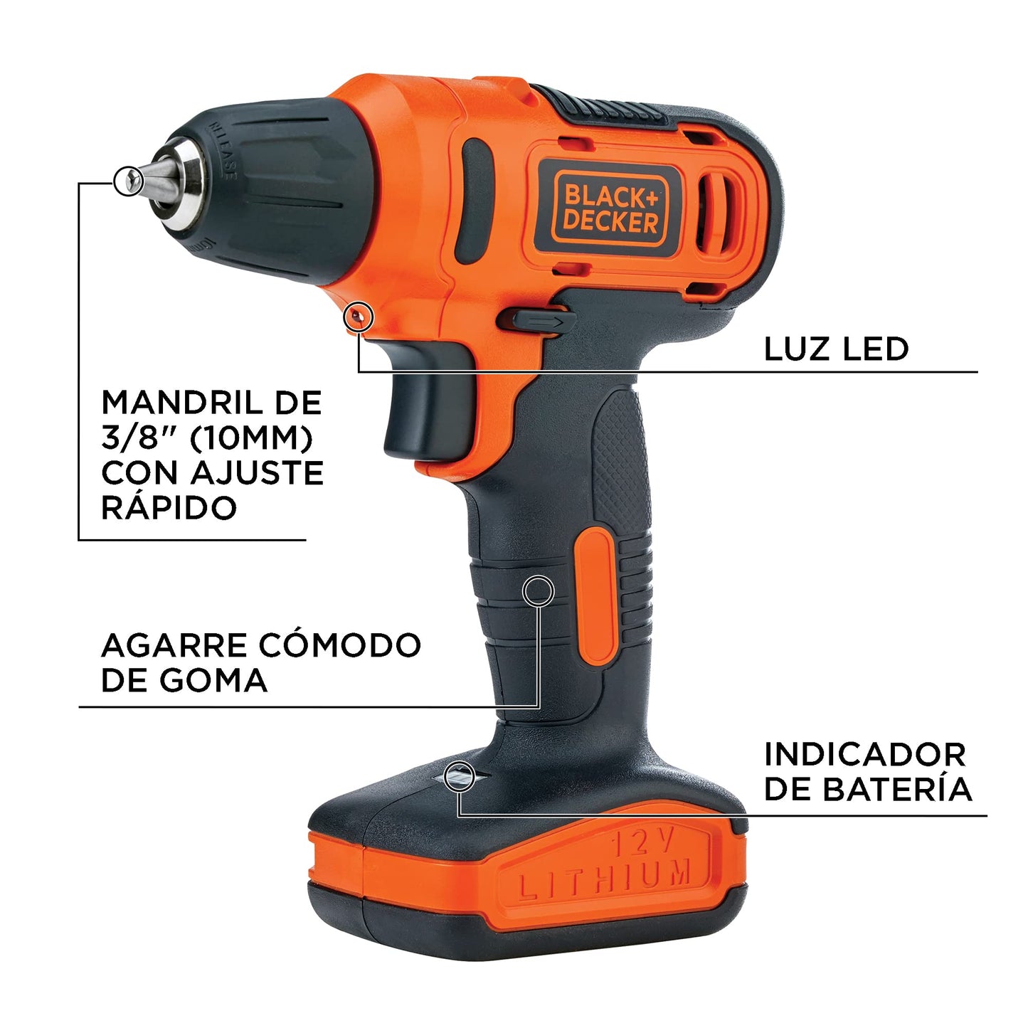 BLACK+DECKER Taladro Atornillador 3/8" (10mm), 12V, Incluye Cargador y 13 Accesorios, LD12S