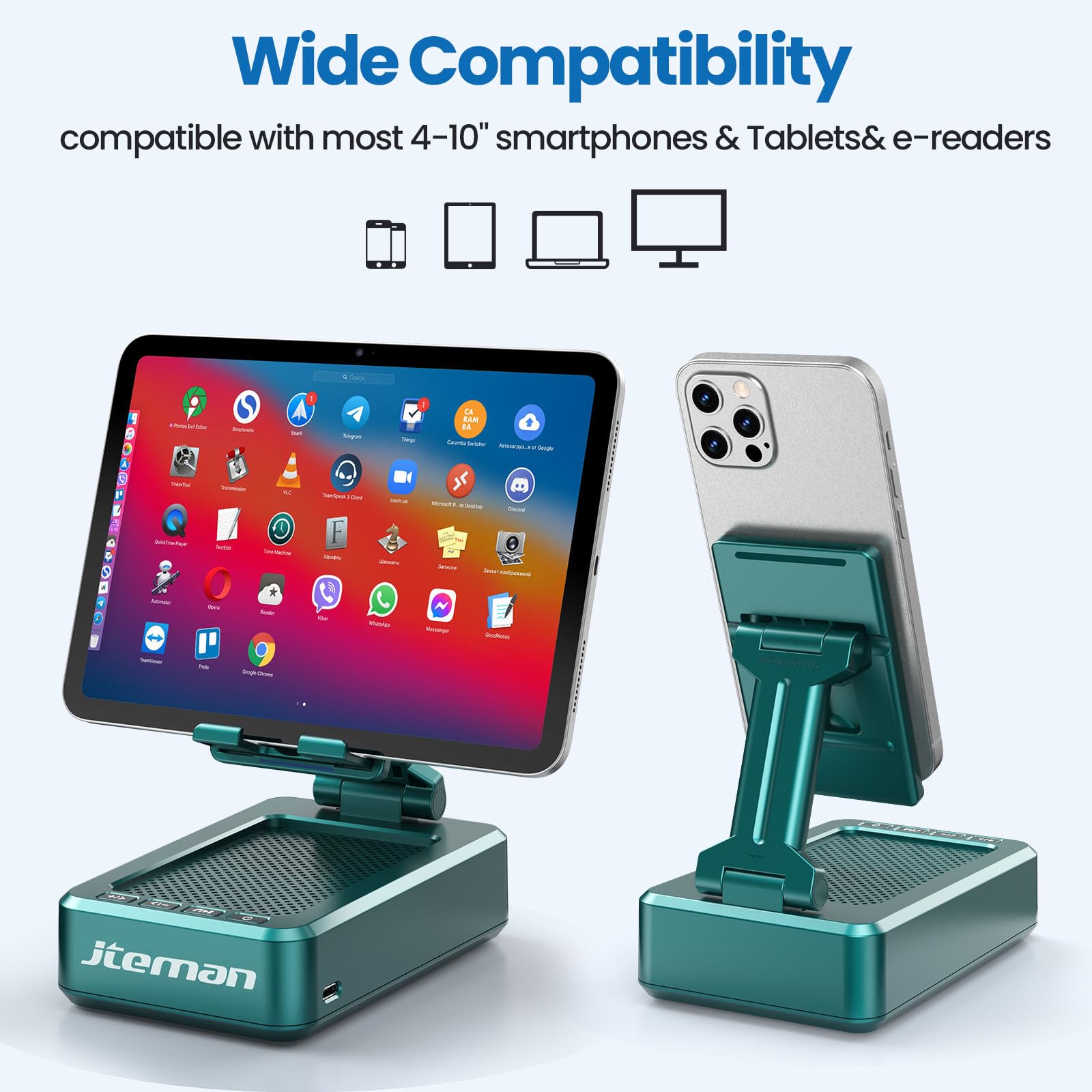 JTEMAN - Soporte para teléfono celular con altavoces inalámbricos Bluetooth, ángulo ajustable, fuerte pedestal para computadora, sonido HD y altavoz Bluetooth de graves compatible con todos los