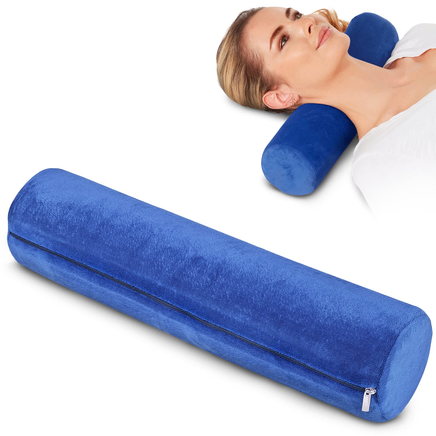 AllSett Health - Almohada de espuma viscoelástica para cuello cervical, almohada de cuello redondo, soporte para dormir, almohada para cama, piernas, espalda y yoga, funda azul