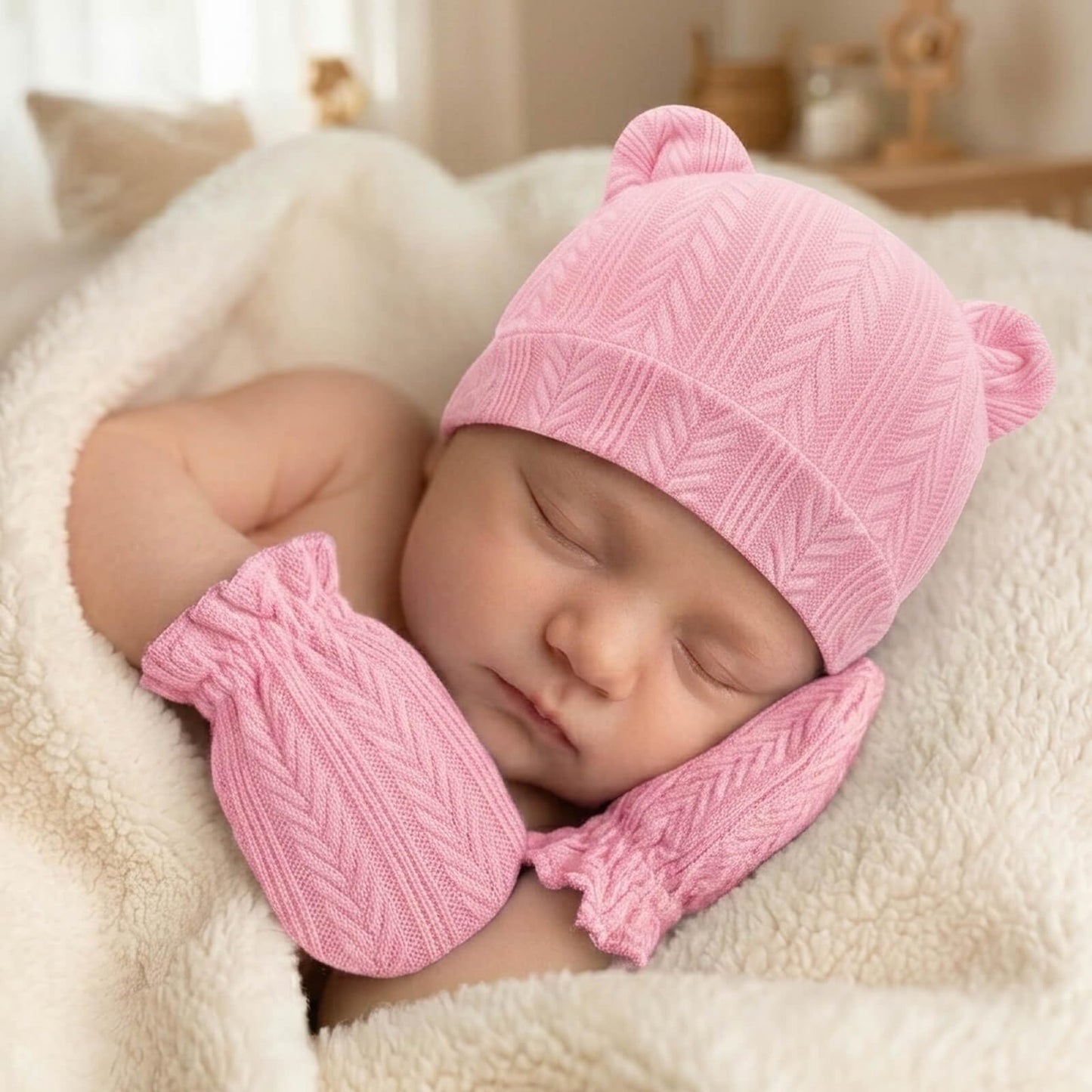 BQUBO - Juego de sombreros para bebé recién nacido, orejas de oso y manoplas, gorras para bebés y niñas, gorro de hospital para bebés de 0 a 3 meses, 4 juegos P: sombreros y manoplas de oreja de oso