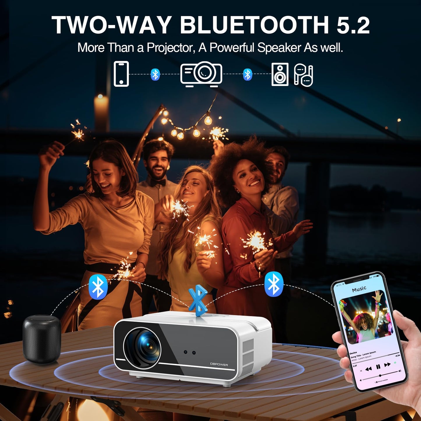 [AutoFocus/Soporte 4K] Proyector con WiFi y Bluetooth, Proyector de película para exteriores nativo 1080P con enfoque automático, 4P6D Keystone/50% Zoom/PPT, proyector portátil DBPOWER para iOS