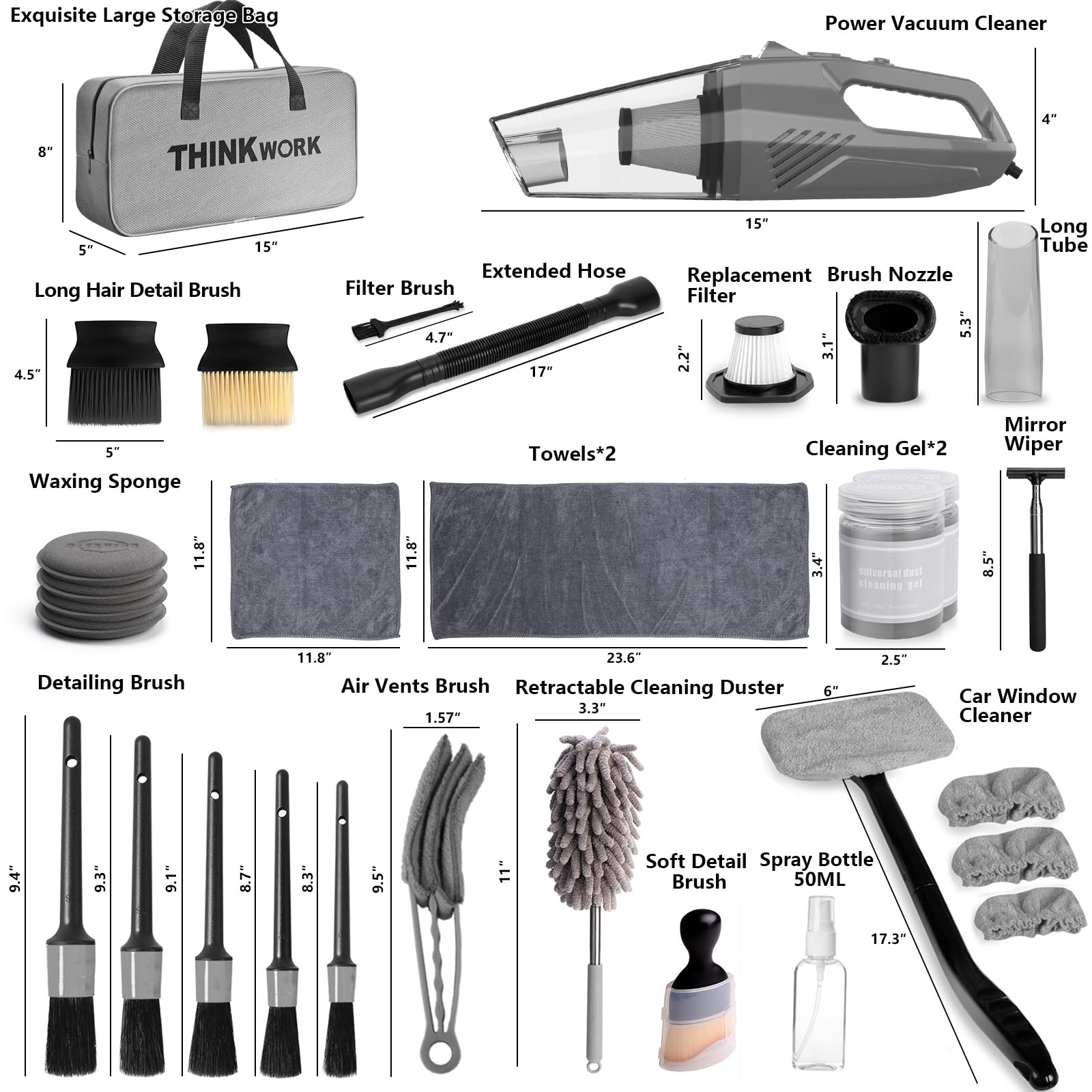Kit de Limpieza de Coche THINKWORK Gris con Aspiradora de Mano de Alta Potencia para Hombre