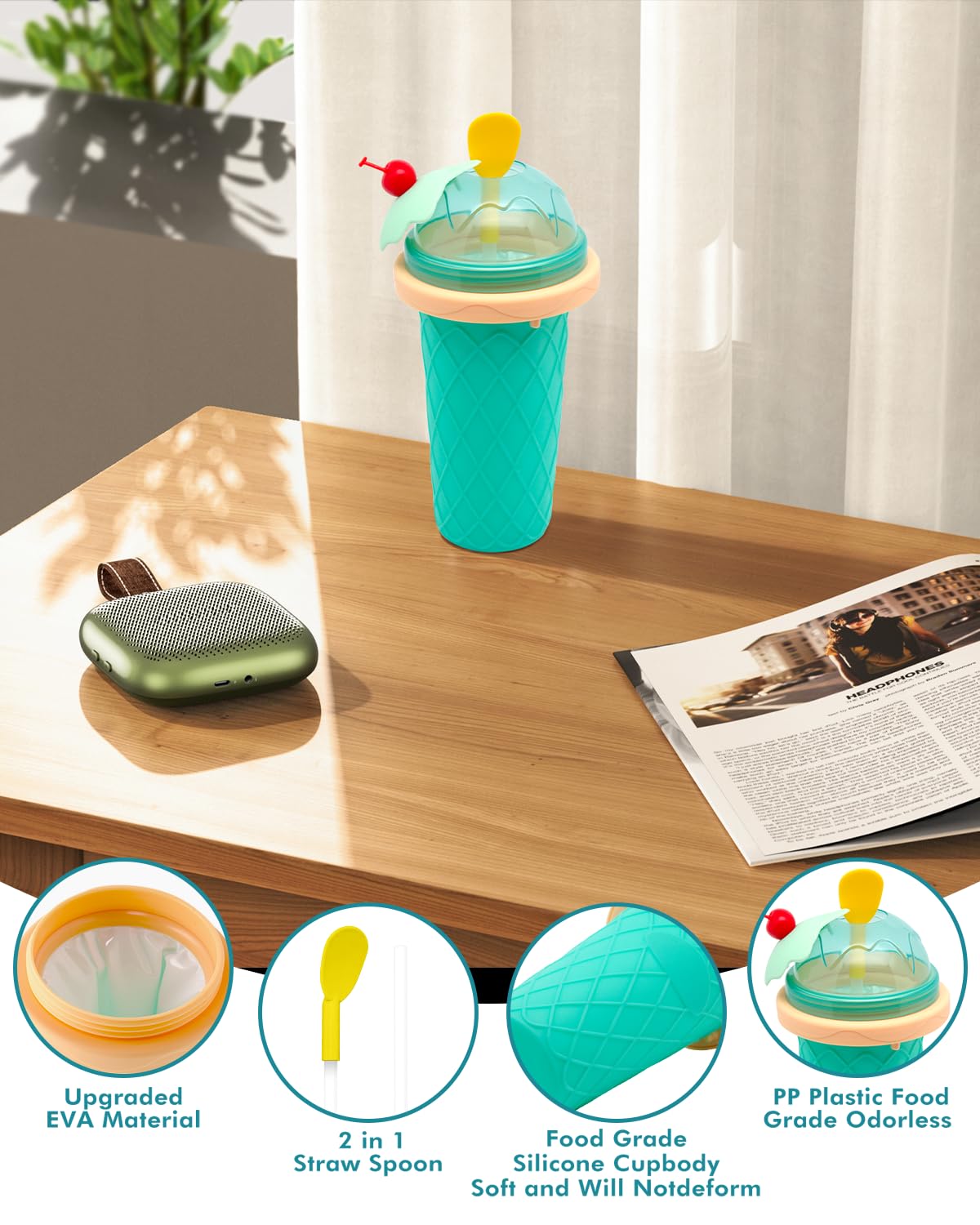Bollove Taza de Slushietazas de licuado con tapas y popotestaza de granizado para jugosleche y heladofabricante portátil de vasos de granizado mágico congelado para niñosamigos y familiares (verde)