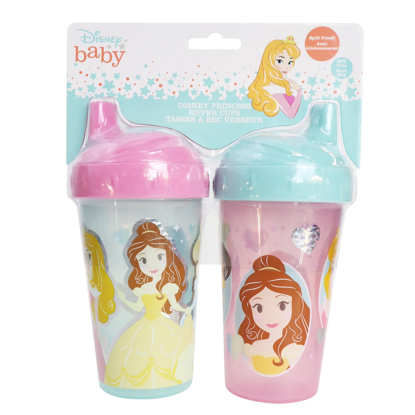 Disney - Vasos para sorbos para niñas | 10 onzas Princess Sipper Cup Pack de dos | Botella de agua de viaje azul duradera a prueba de fugas para niños pequeños