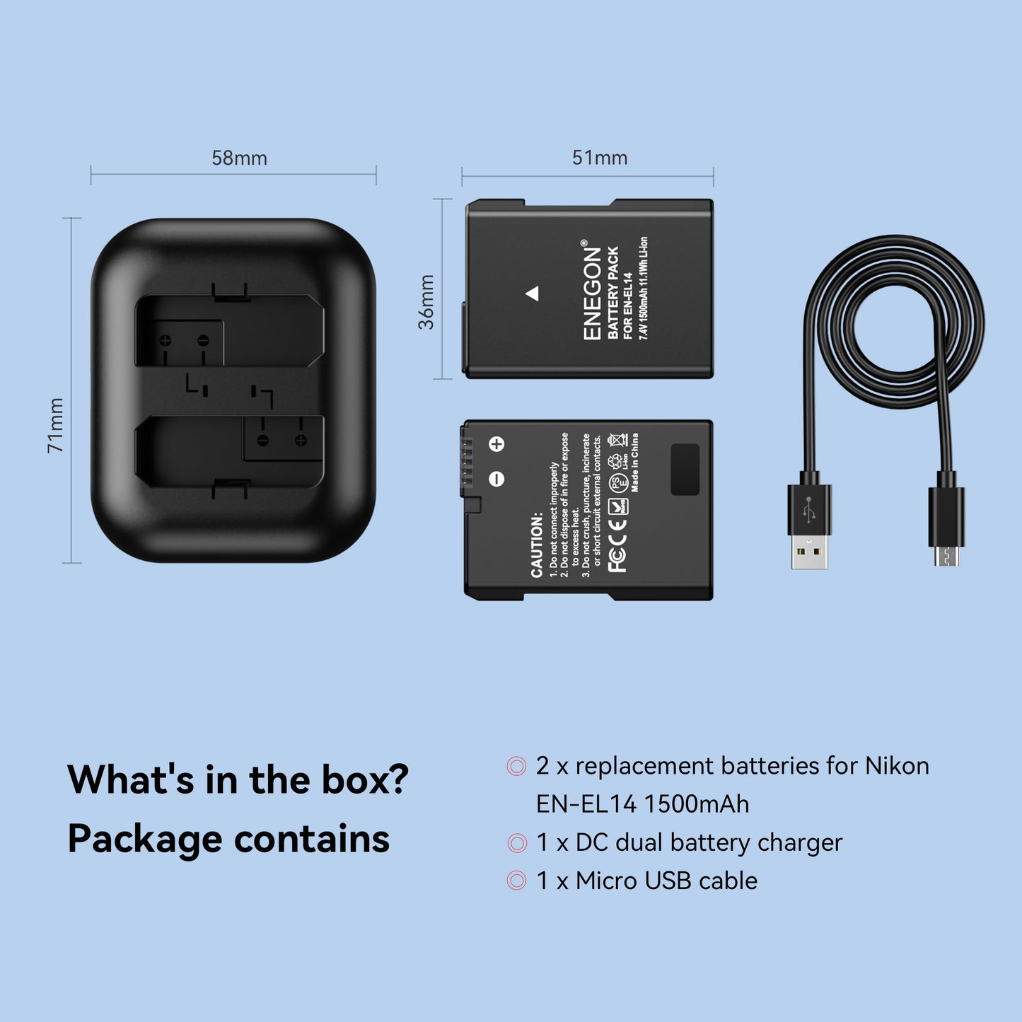 Batería Sostitutiva ENEGON EN-EL14/EL14a Dual USB para Nikon Negra