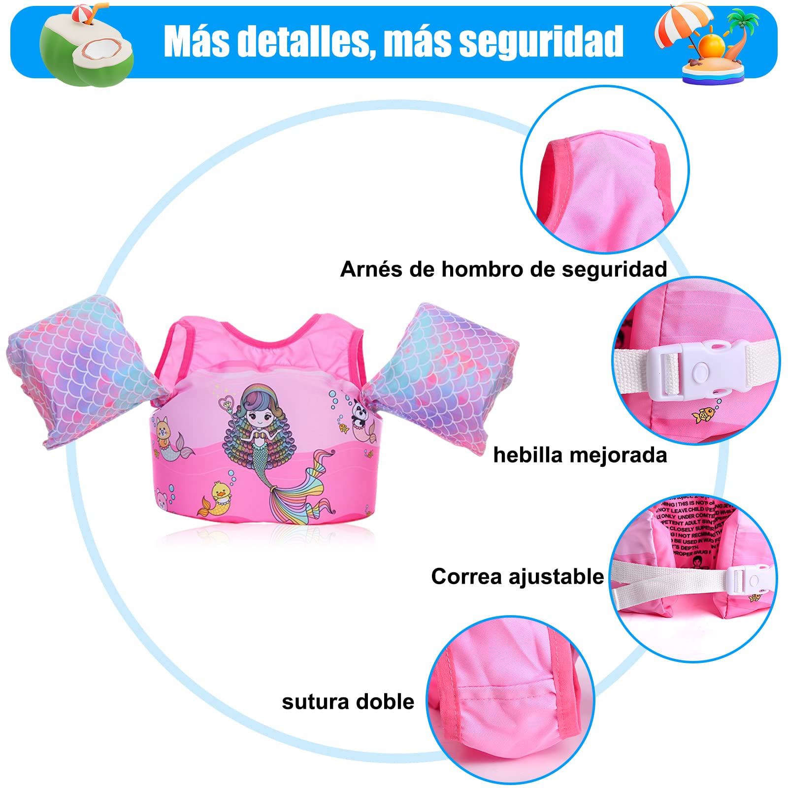 Chaleco Salvavidas VVYY8985 Sirena Ajustable para Niños y Niñas 3 a 8 Años