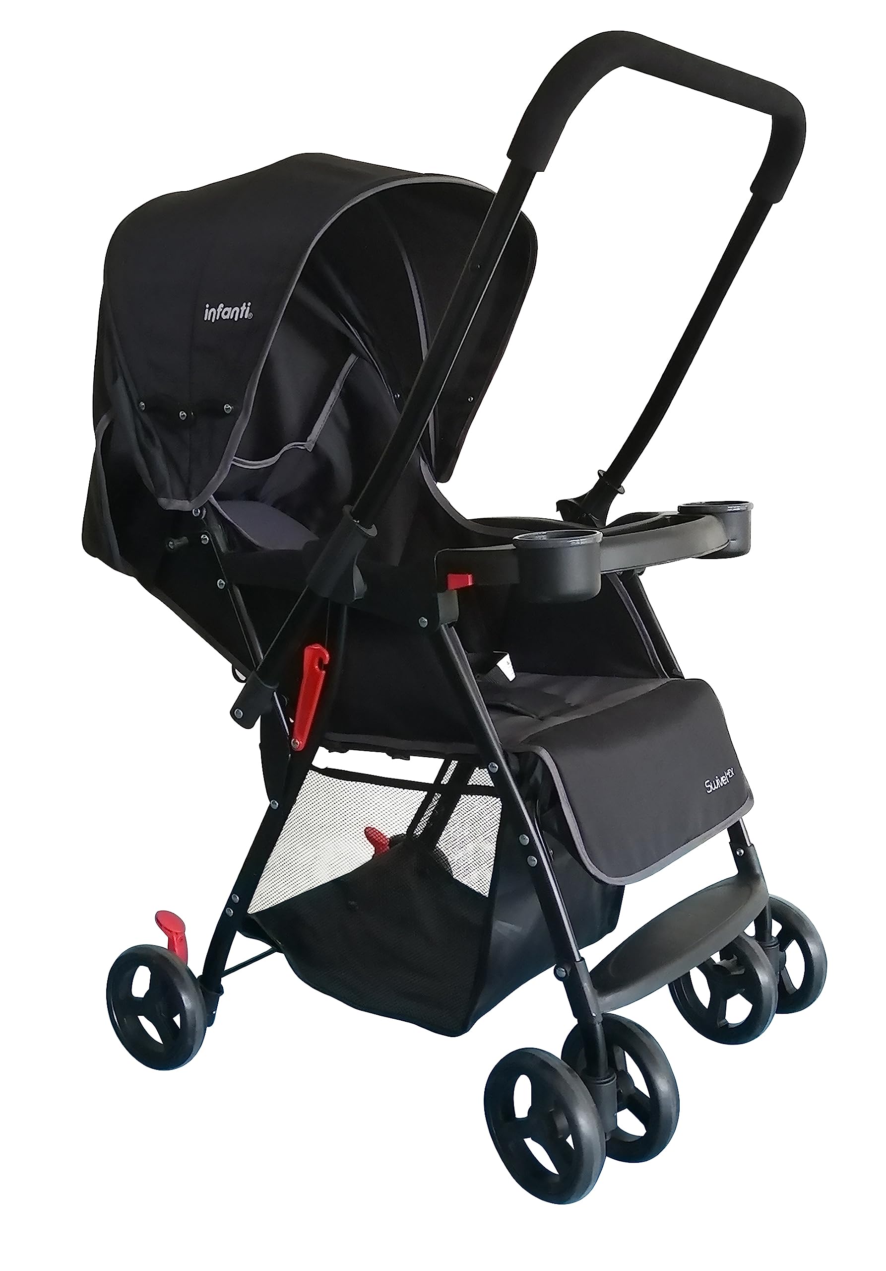 Infanti | Carriola para Bebe Swivel Negro | Carreola de Viaje - Carriola de Viaje Plegable - Carrito para Bebe con Mango Reversible | Cosas para Bebes 6 Meses a 15kg | Incluye 2 Portavasos