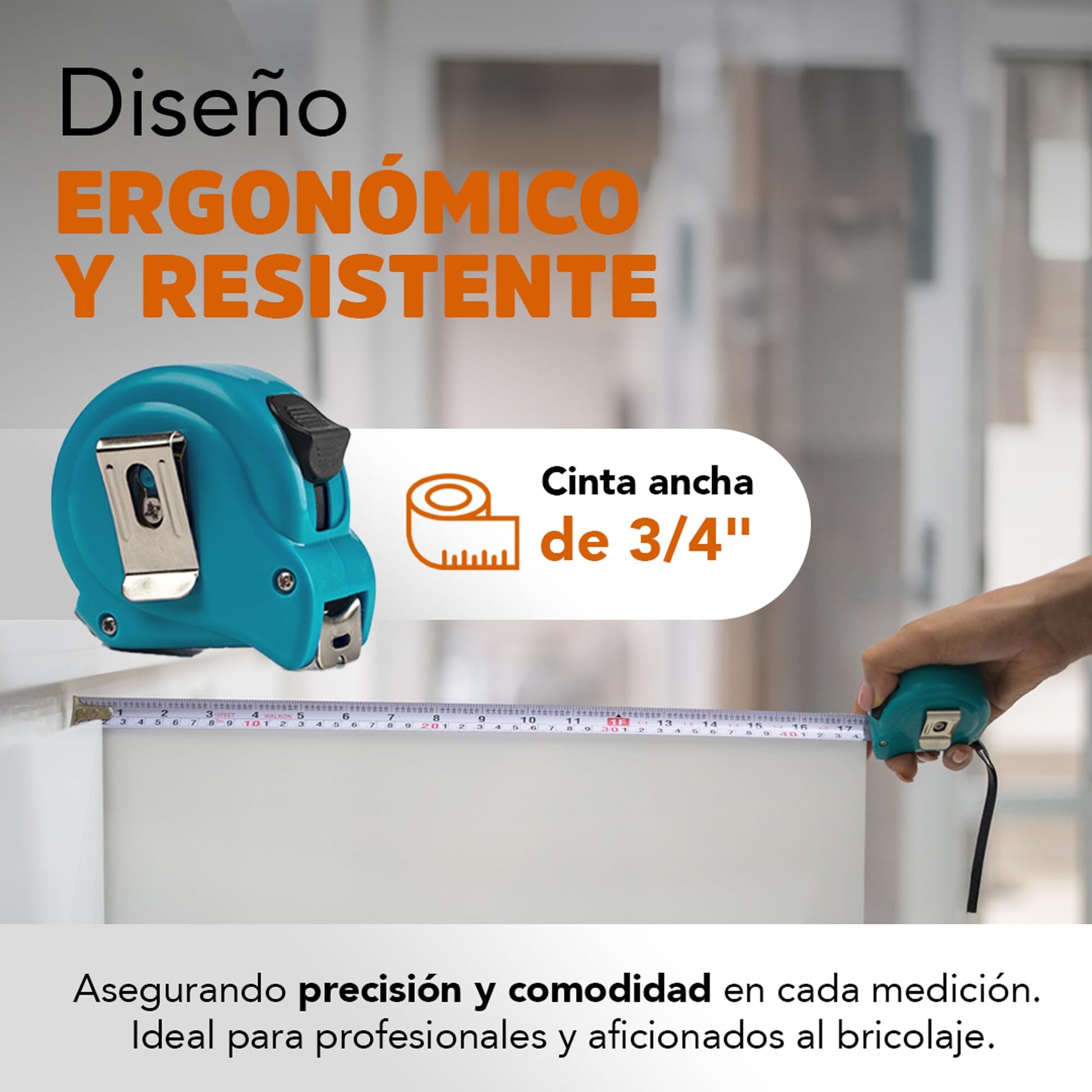 Cinta Metrica - Flexometro 3 M | Cinta Ancha de 19mm (3/4") | Herramientas Ergonómicas | Escala en Centímetros, Pulgadas y Fracciones | Verde | Cinta Blanca para Mayor Visibilidad | WALKON