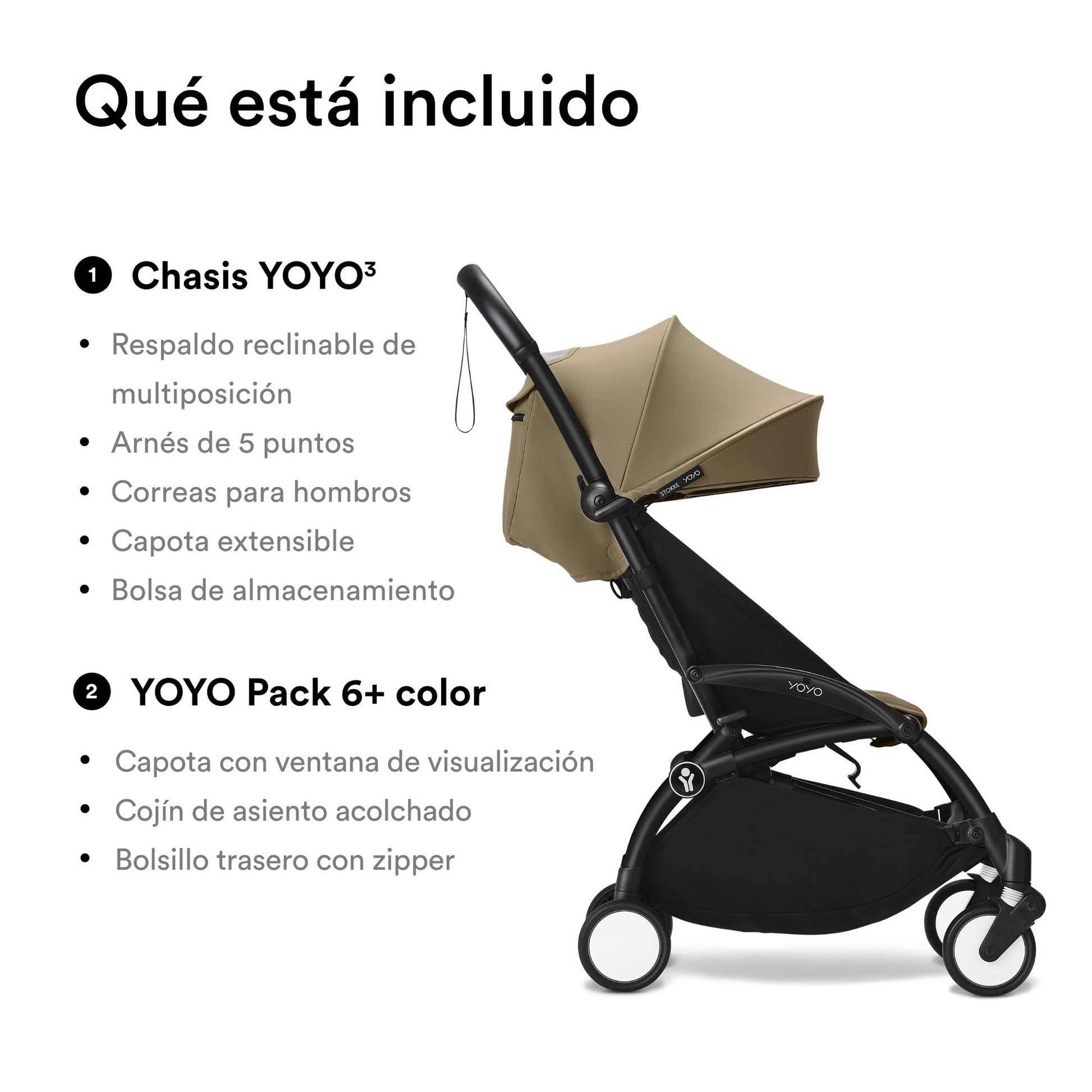 Carriola Stokke YOYO3 a partir de 6 meses - Incluye chasis negro/cojín de asiento Toffee + dosel - Se pliega y despliega en un instante - Ligeroa y compacta - Compatible con equipaje de mano
