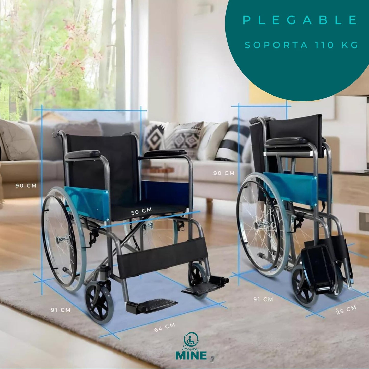 Silla de Ruedas Seven Mine Negra Asiento Ancho Adultos Mayores Confort Máximo