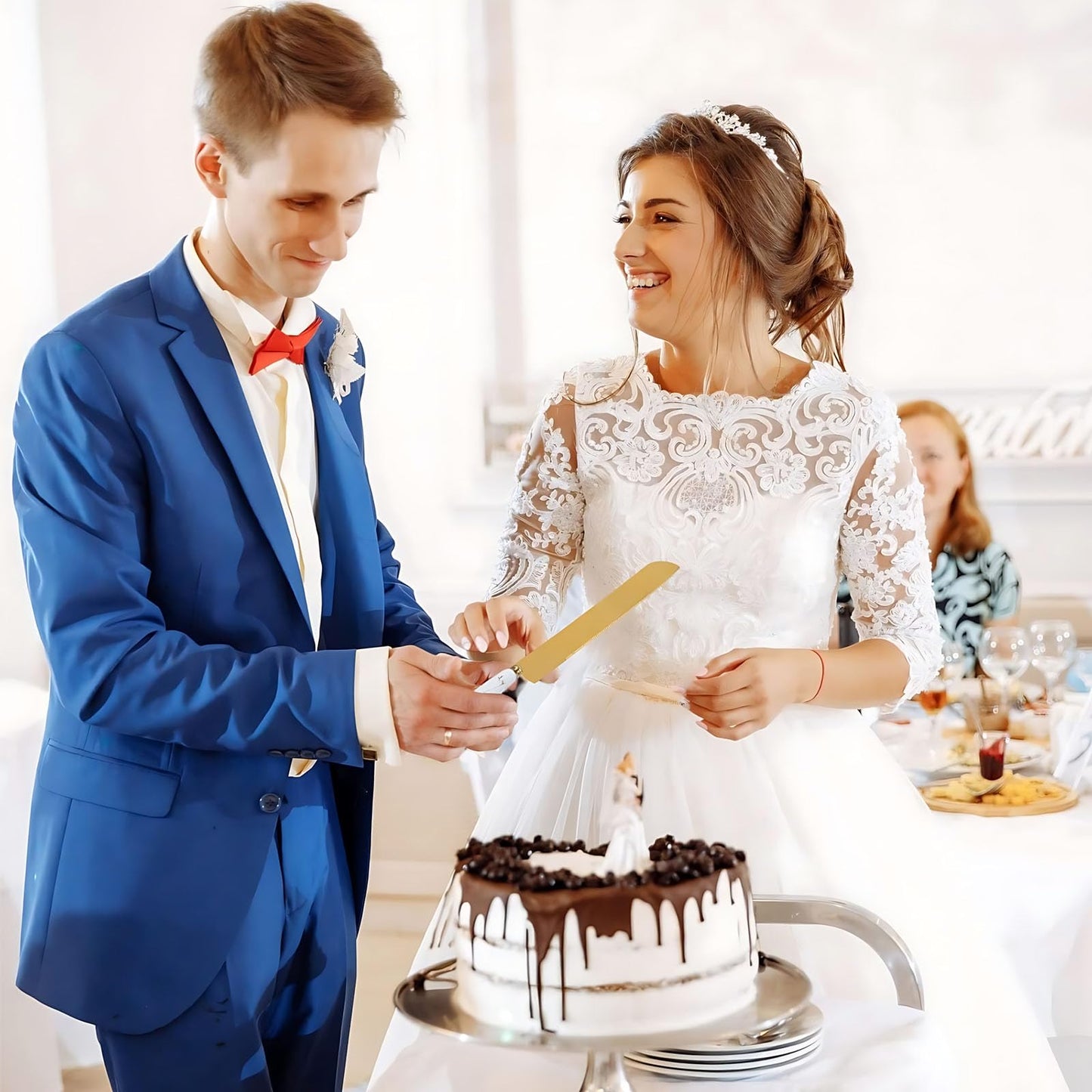 Juego de Pala y Cuchillo para Pastel de Acero Inoxidable Uego Blanco para Bodas y Fiestas