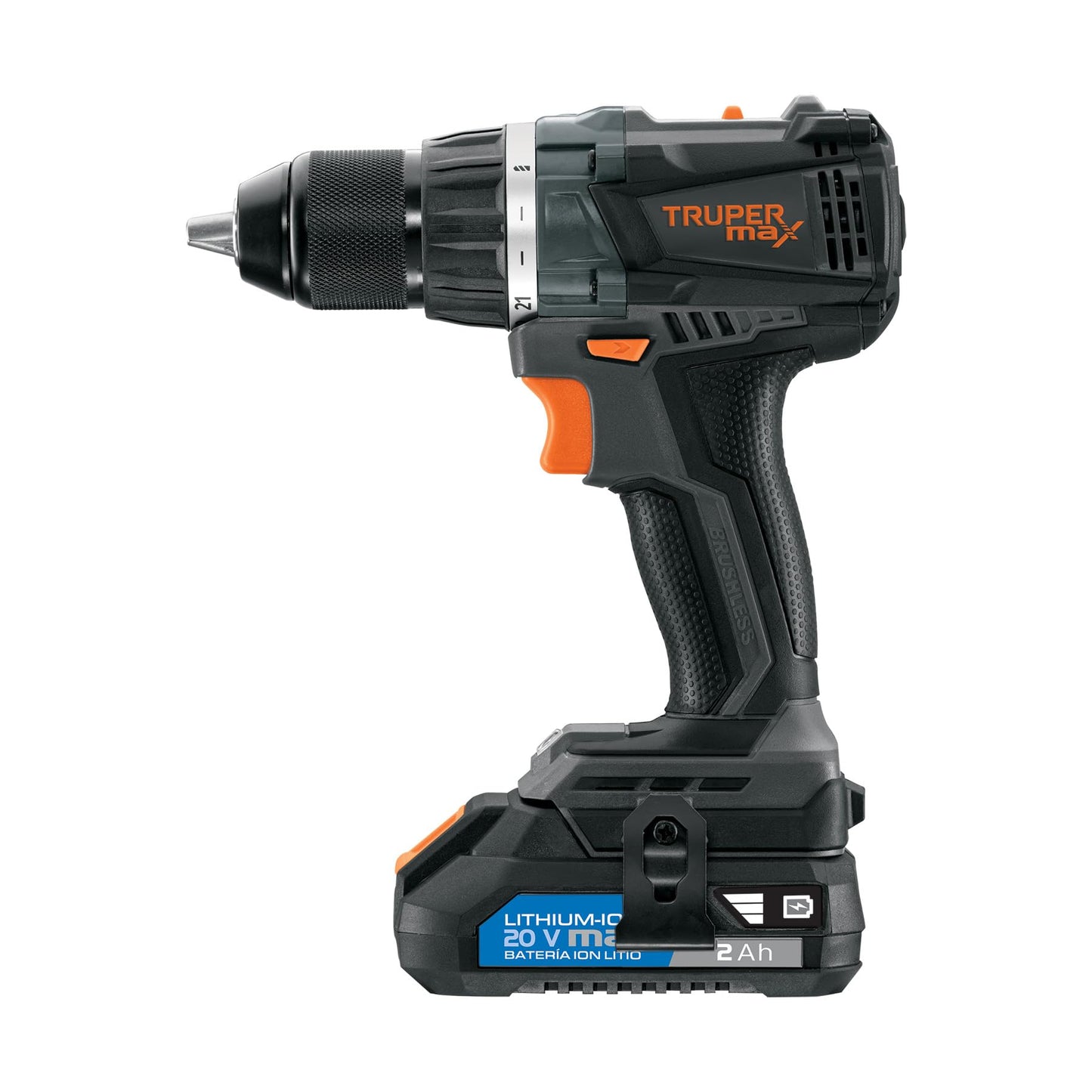 Truper Max MAX-20T, Taladro inalámbrico 1/2", motor libre de carbones (brushless), con 2 baterías Ion Litio 2 Ah y maleta de 14", 20 V