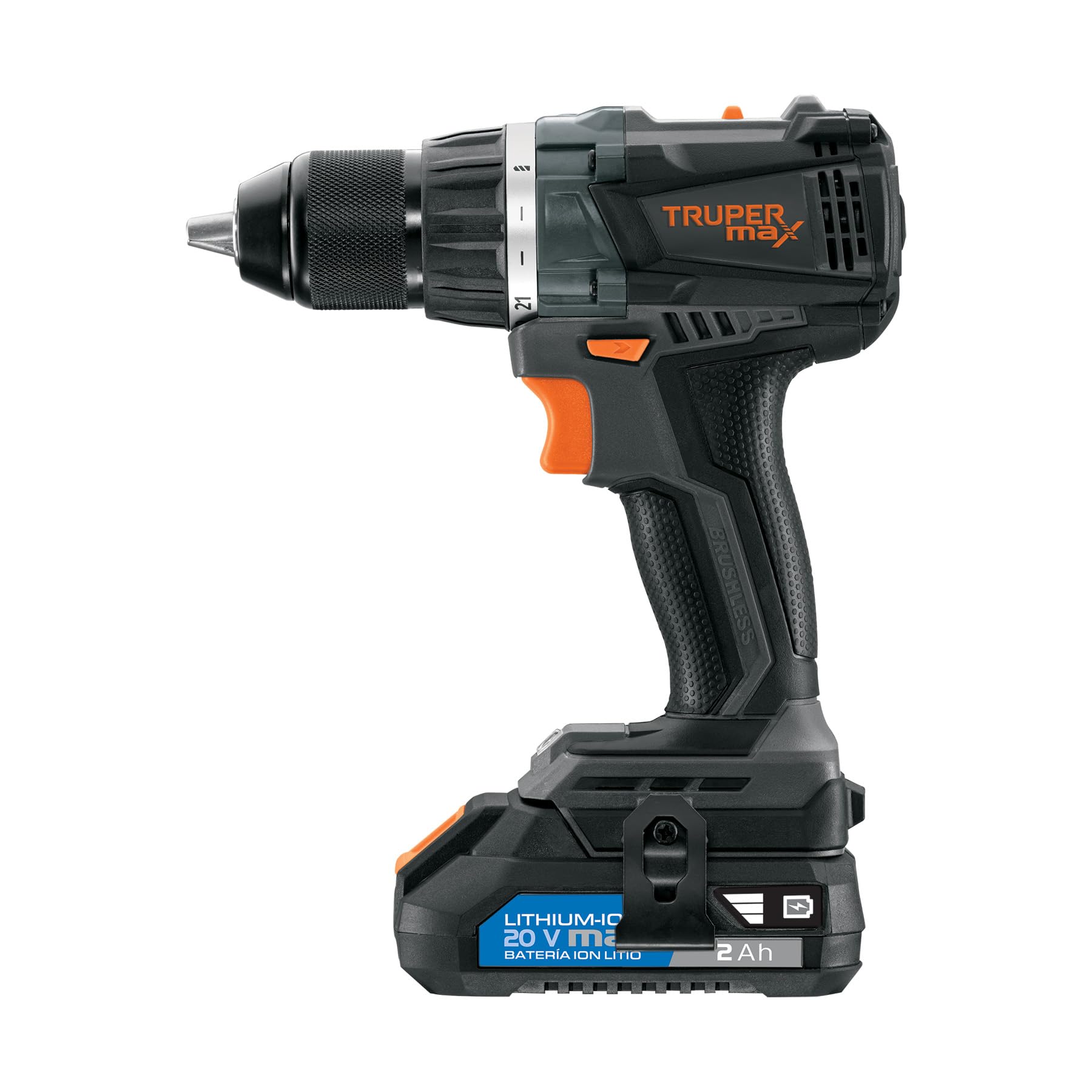 Truper Max MAX-20T, Taladro inalámbrico 1/2", motor libre de carbones (brushless), con 2 baterías Ion Litio 2 Ah y maleta de 14", 20 V