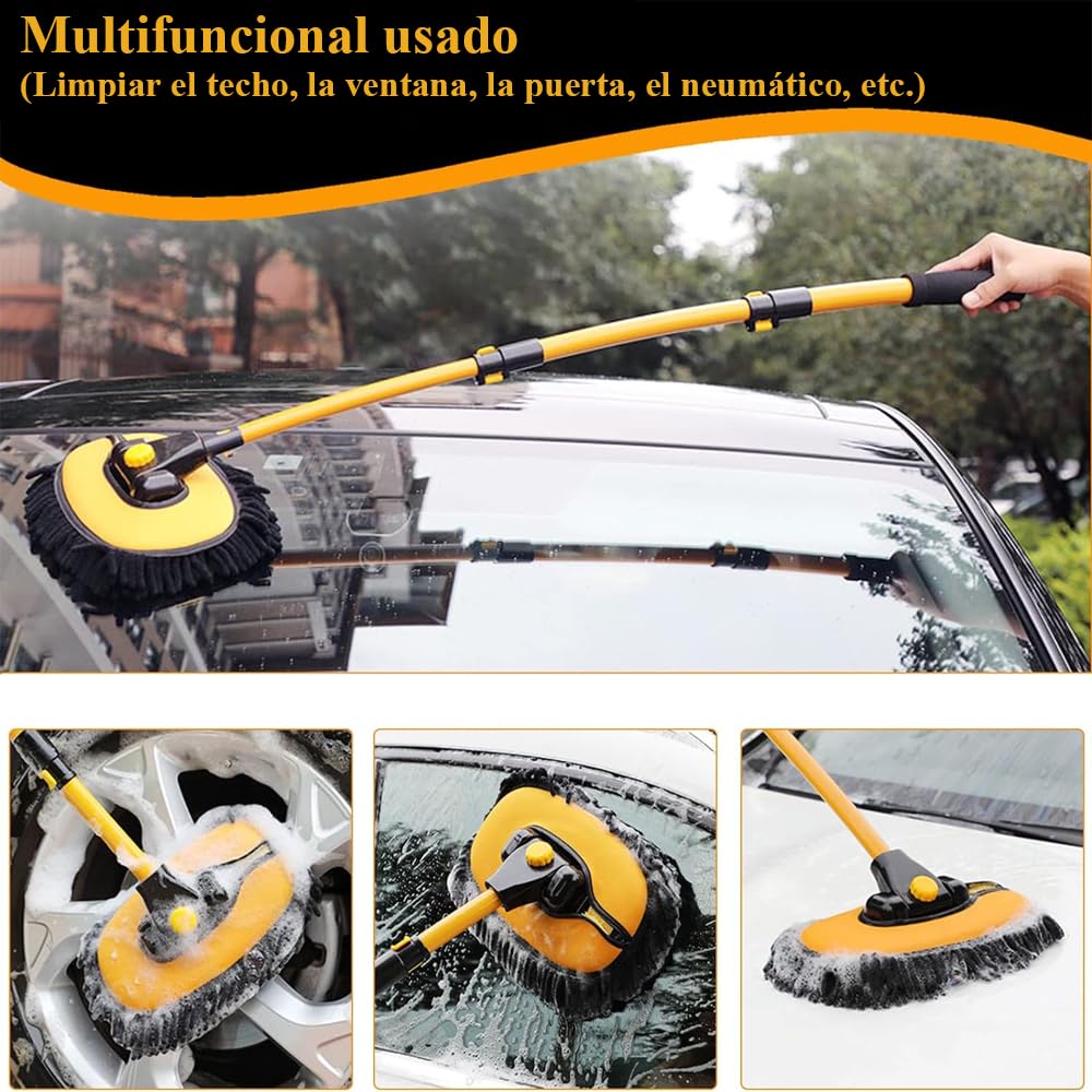 Cepillo para Lavar Carros, Kit de Limpieza para Auto, Kit de Trapeador para Lavado de Autos Con Mango Largo, Barra Telescópica 50-102 cm Con Producto de Limpieza de 3 Etapas (Negro-Amarillo)