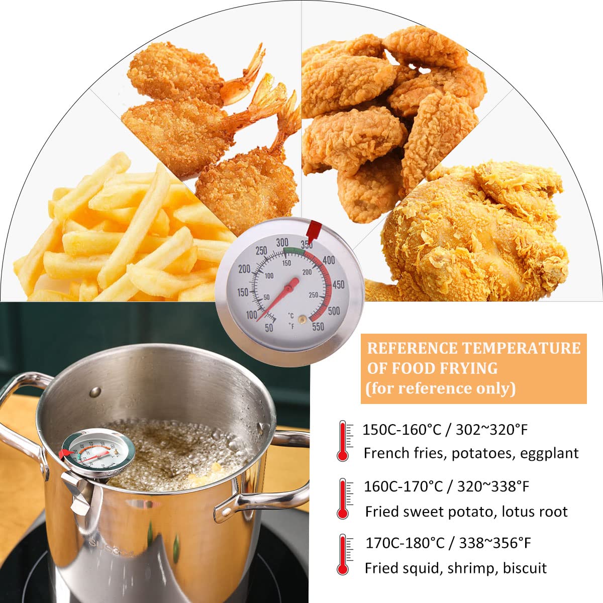 Freidora profunda de acero inoxidable 304 con cesta de colador de aceite y termómetro, olla de 168 onzas para freír tempura, papas fritas, pescado y pollo