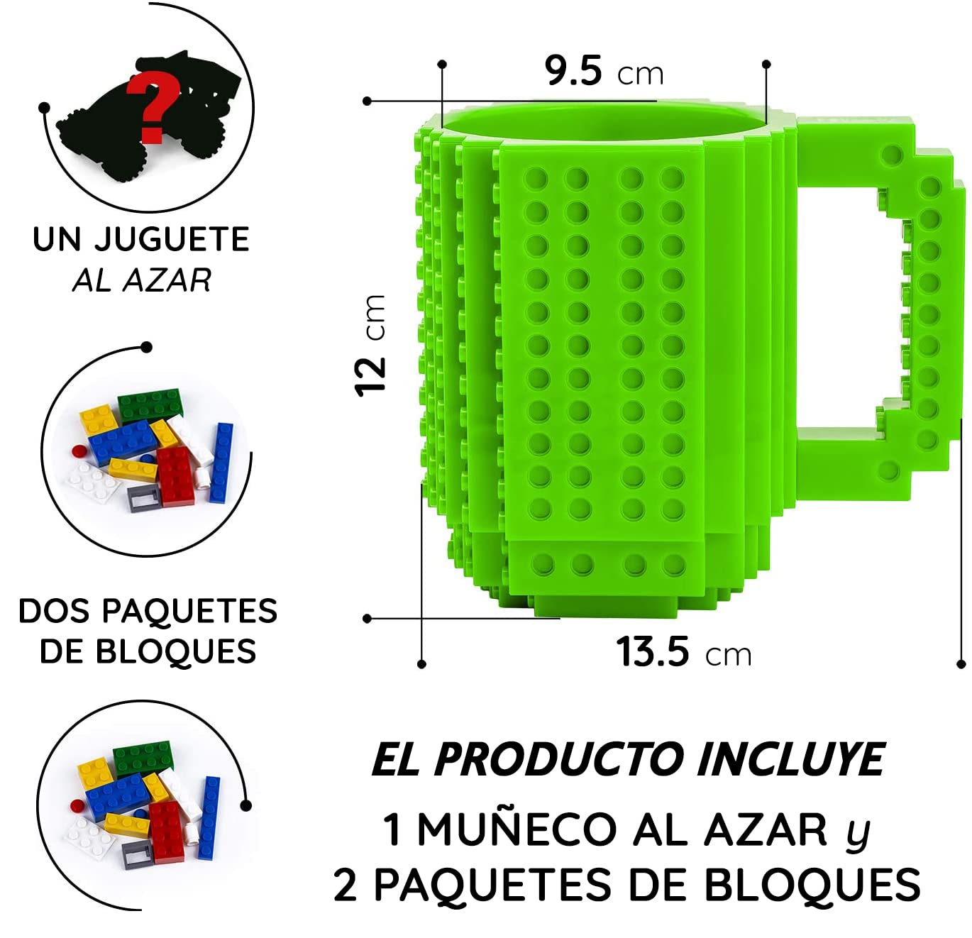 John & John Taza armable de diseño Divertido para Ladrillos, Incluye un muñeco y 2 Sets de Bloques de construcción para Jugar (10 Colores) - Verde