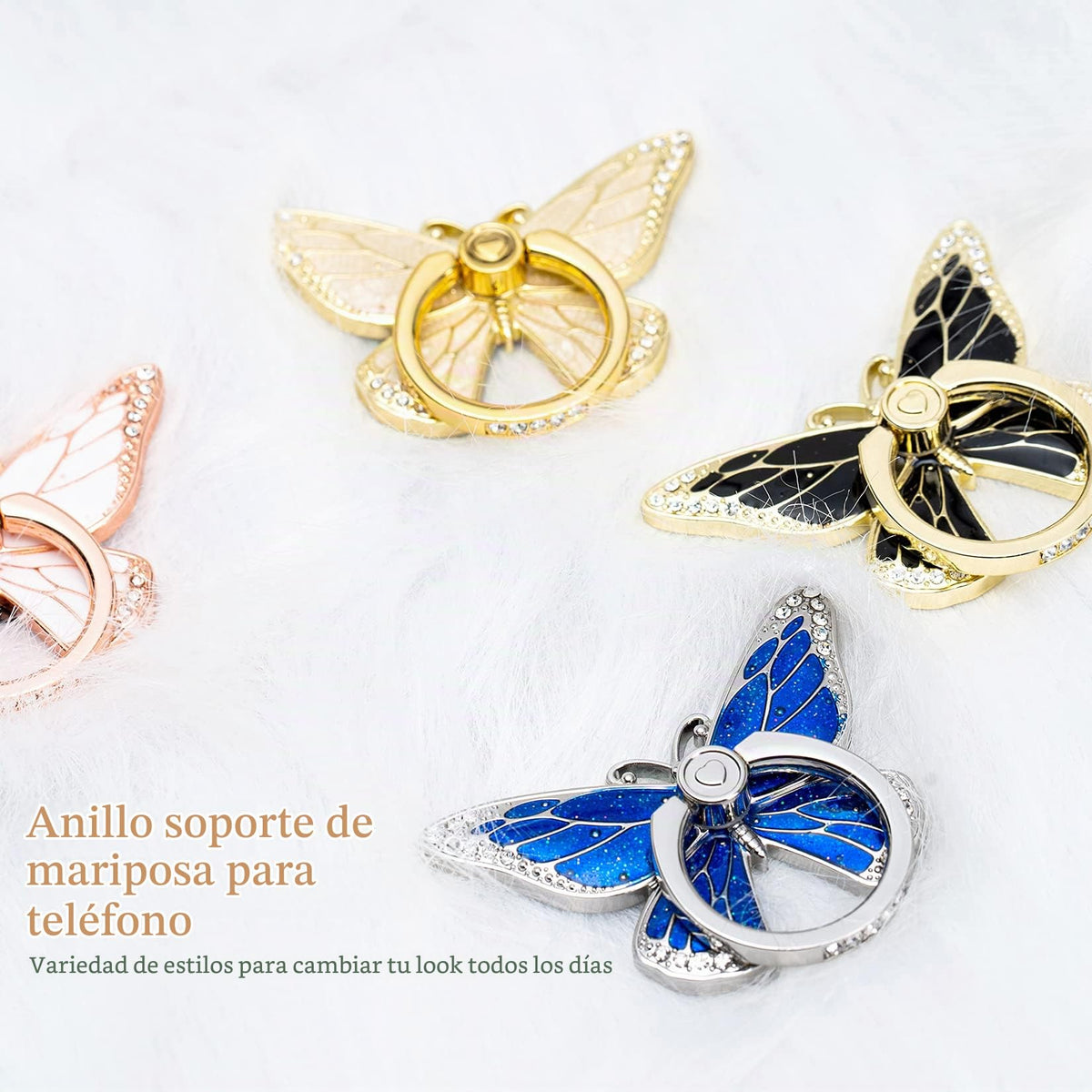 Soporte de Anillo de Cristal Esmaltado con Mariposa Giratoria 360° Para Teléfono Móvil