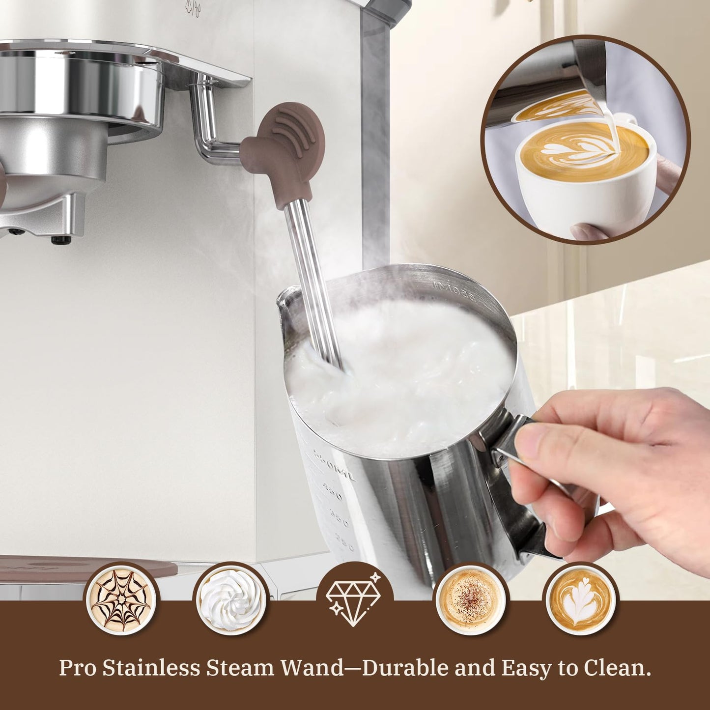 Máquina de café expreso Laekerrt, cafetera espresso de 20 bares con espumador de leche, cafetera pequeña compacta para café con leche y capuchino (blanco pera, acero inoxidable)