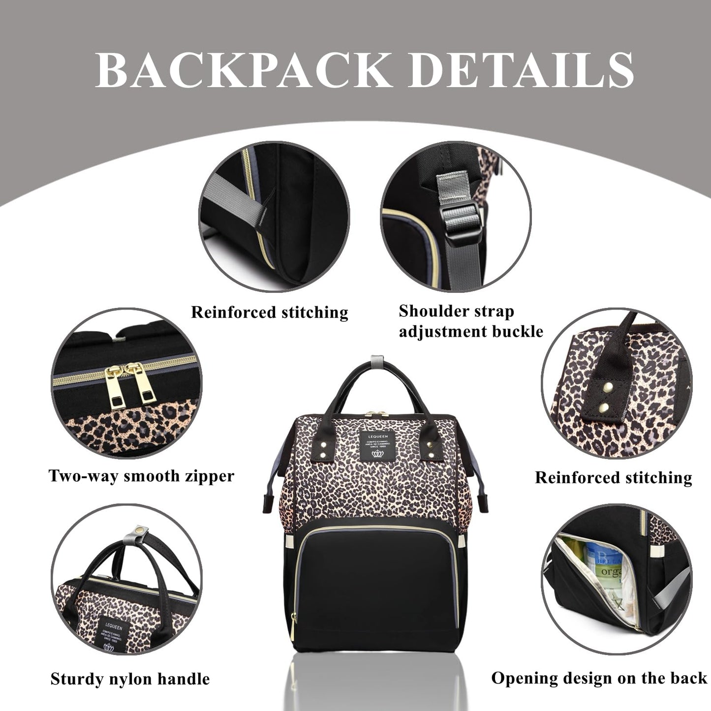 Bolsas de pañales con estampado de leopardo, multifuncional, bolsa de pañales para cuidado del bebé, mochila de viaje, gran capacidad, café