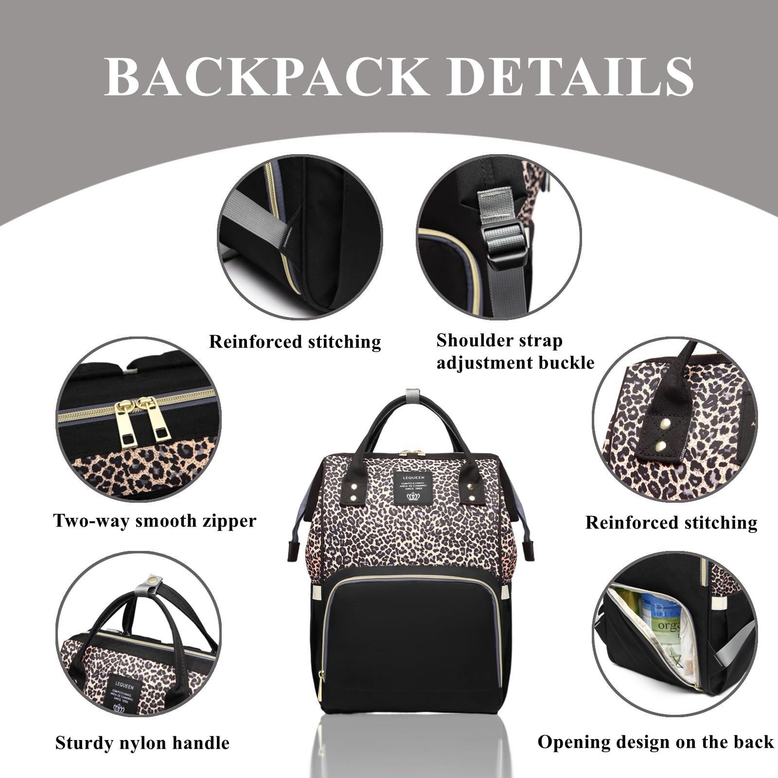 Bolsas de pañales con estampado de leopardo, multifuncional, bolsa de pañales para cuidado del bebé, mochila de viaje, gran capacidad, café