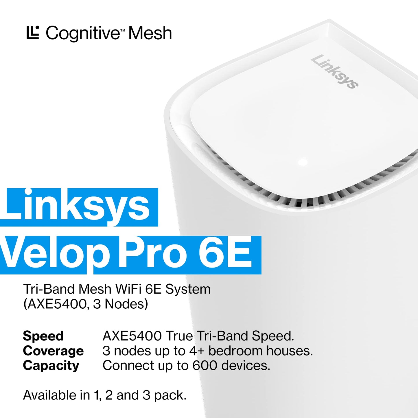 Linksys Velop Pro WiFi 6E - Enrutador de Malla cognitiva con 6 GHz, velocidades de 5.4 Gbps, 9000 sq. Cobertura de pies, más de 200 Dispositivos, Paquete de 3