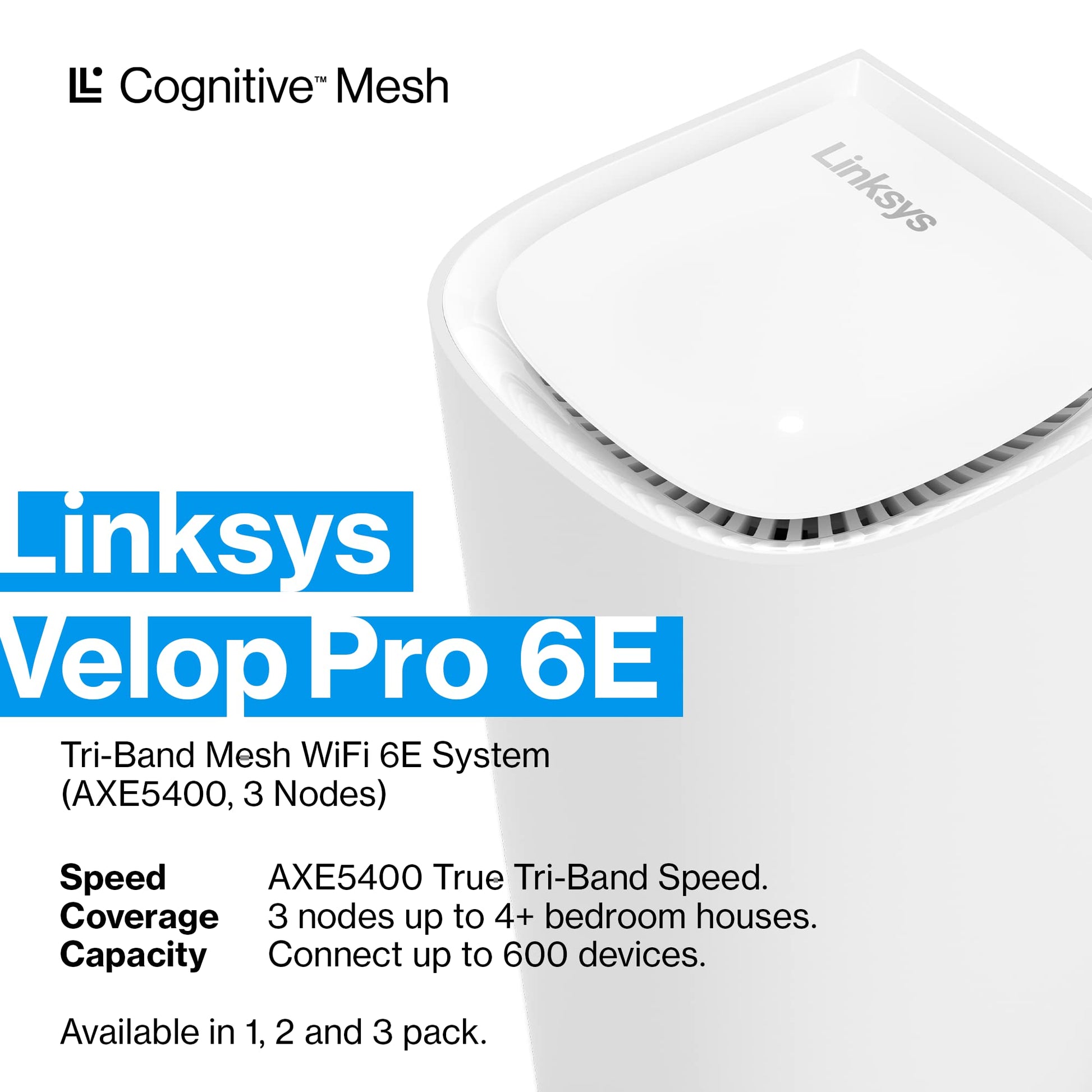 Linksys Velop Pro WiFi 6E - Enrutador de Malla cognitiva con 6 GHz, velocidades de 5.4 Gbps, 9000 sq. Cobertura de pies, más de 200 Dispositivos, Paquete de 3