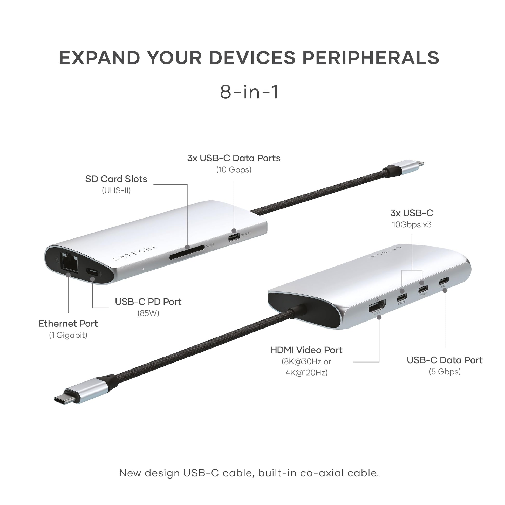 Hub USB C SATECHI Plateado 8 en 1 Adaptador Multipuerto para Laptop y Tablets